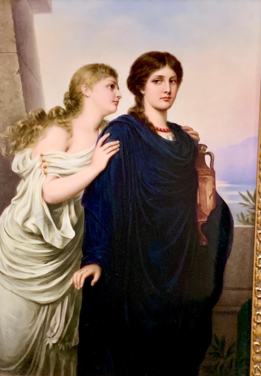 A fine 19th century German KPM porcelain painted plaque, depicting Antigone and Ismene, sisters in an ancient Greek play by Sophocles. After a painting by Emil Teschendorf. (German, 1833-1894)

Stamped with KPM Sceptre mark and numbered 
Circa