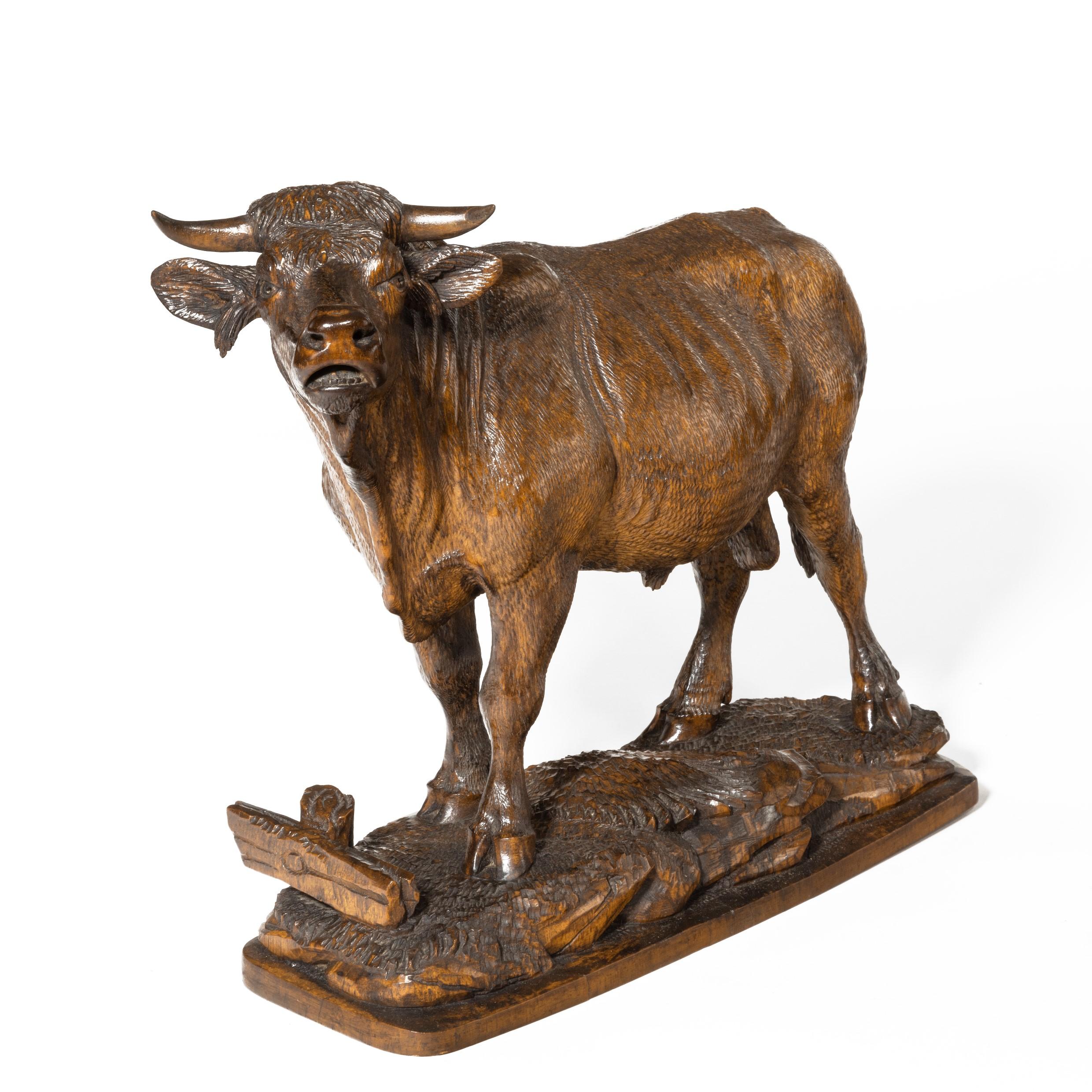 Late 19th Century Fine 'Black Forest' Linden Wood Model of a Standing Bull, Swiss, circa 1890 For Sale