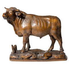 Antique Fine 'Black Forest' Linden Wood Model of a Standing Bull, Swiss, circa 1890