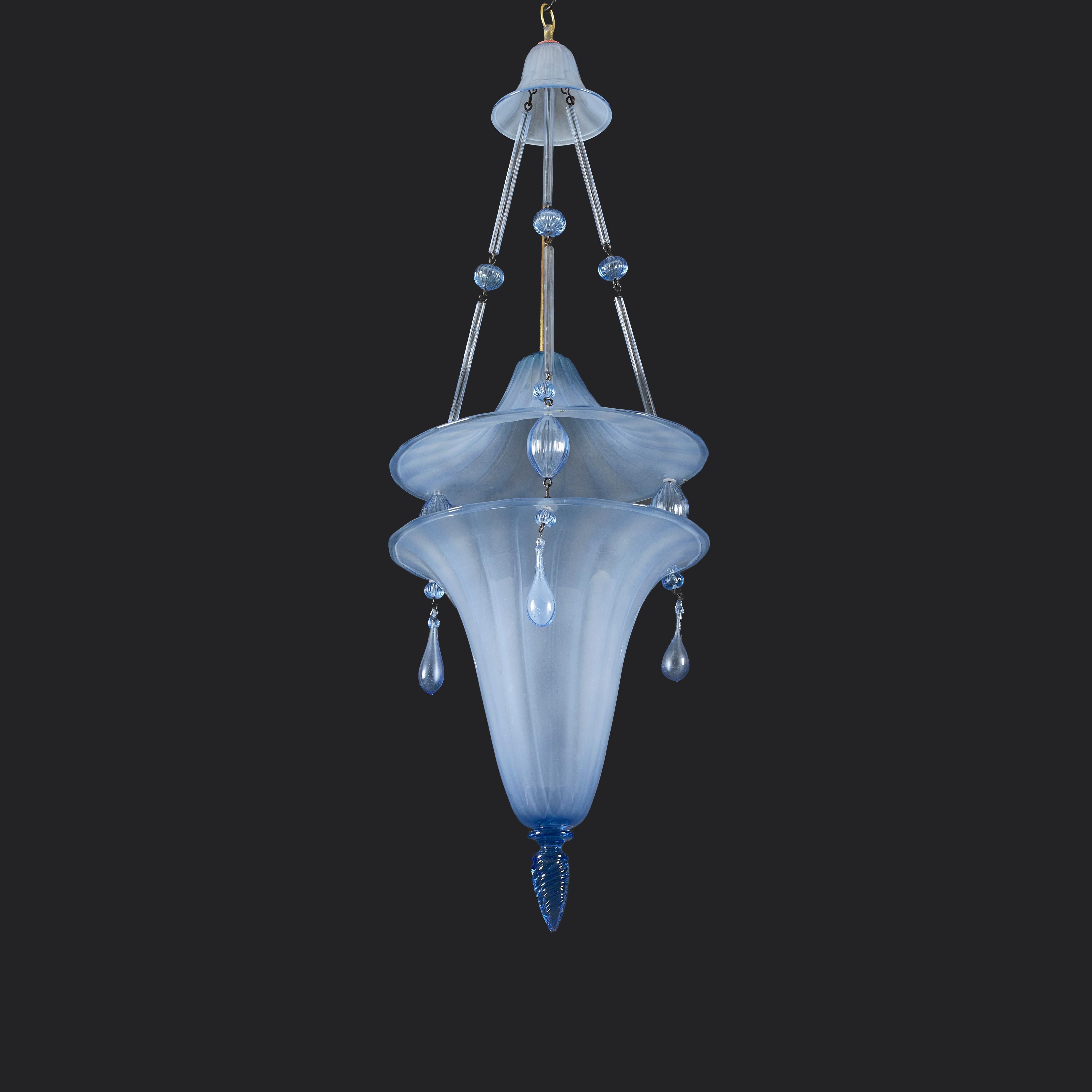 Mid-Century Modern A Fine Blue Murano Glass Hanging Lantern by Martinuzzi for Venini For Sale