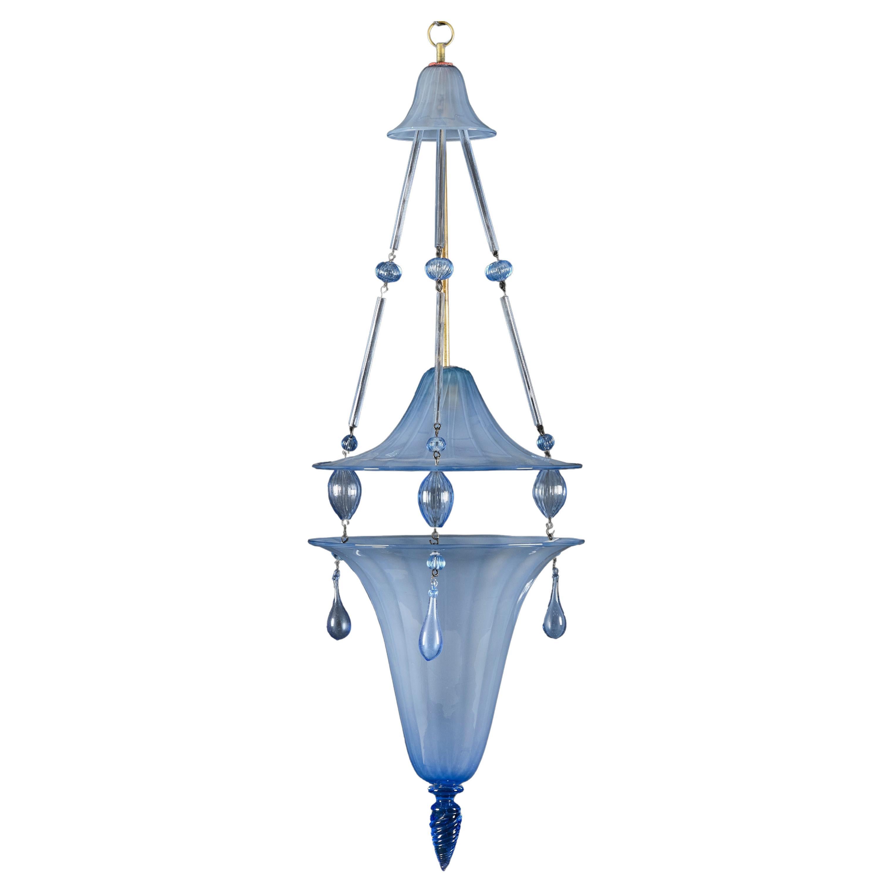 A Fine Blue Murano Glass Hanging Lantern by Martinuzzi for Venini For Sale