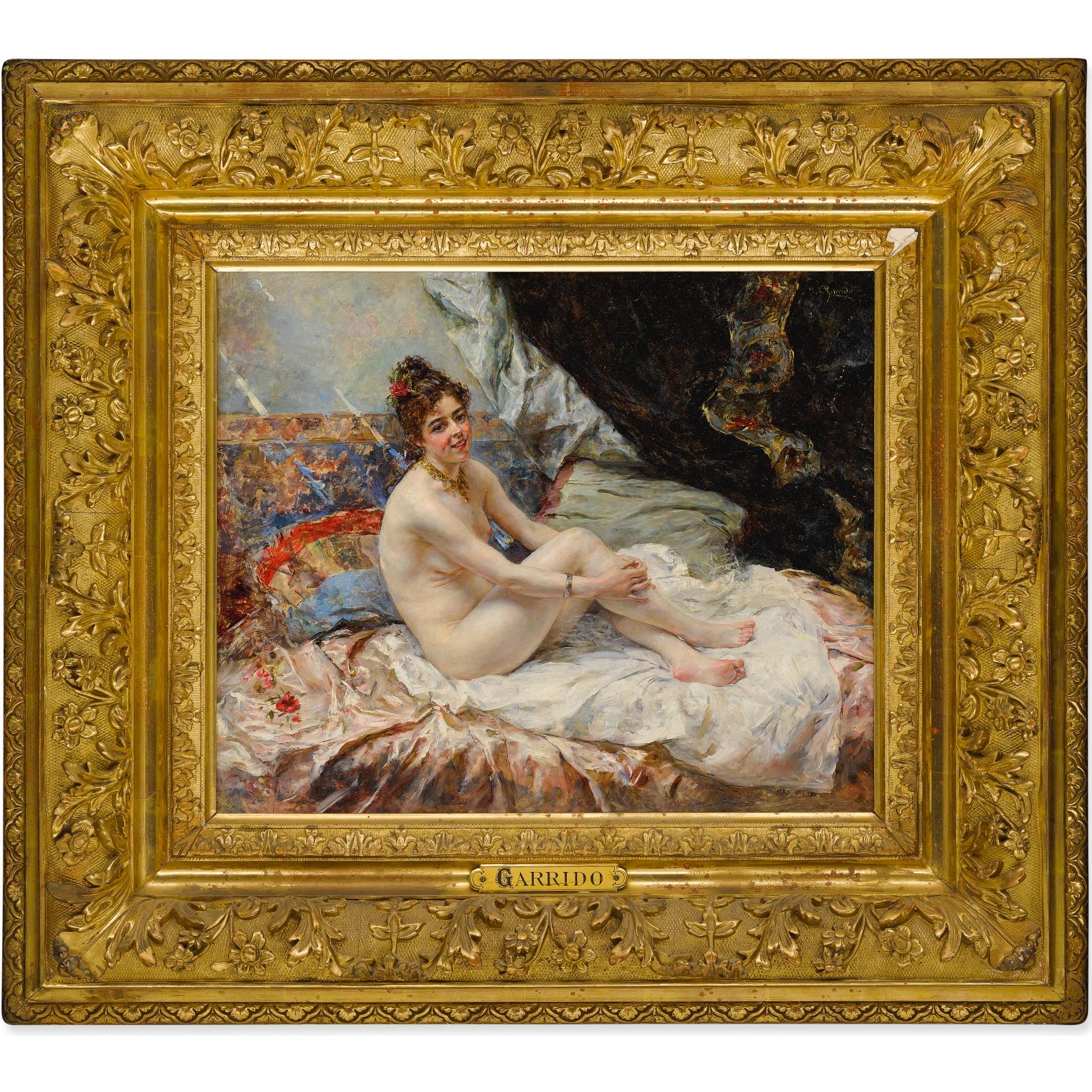 Eduardo León Garrido
Spanish, 1859-1949

Nude in a Light-Filled Boudoir

Signed ‘E.L Garrido’ (upper right)
Medium: Oil on panel
Dimension: panel: 15 by 18 1/8 in.; framed: 26 by 29 1/2 in.