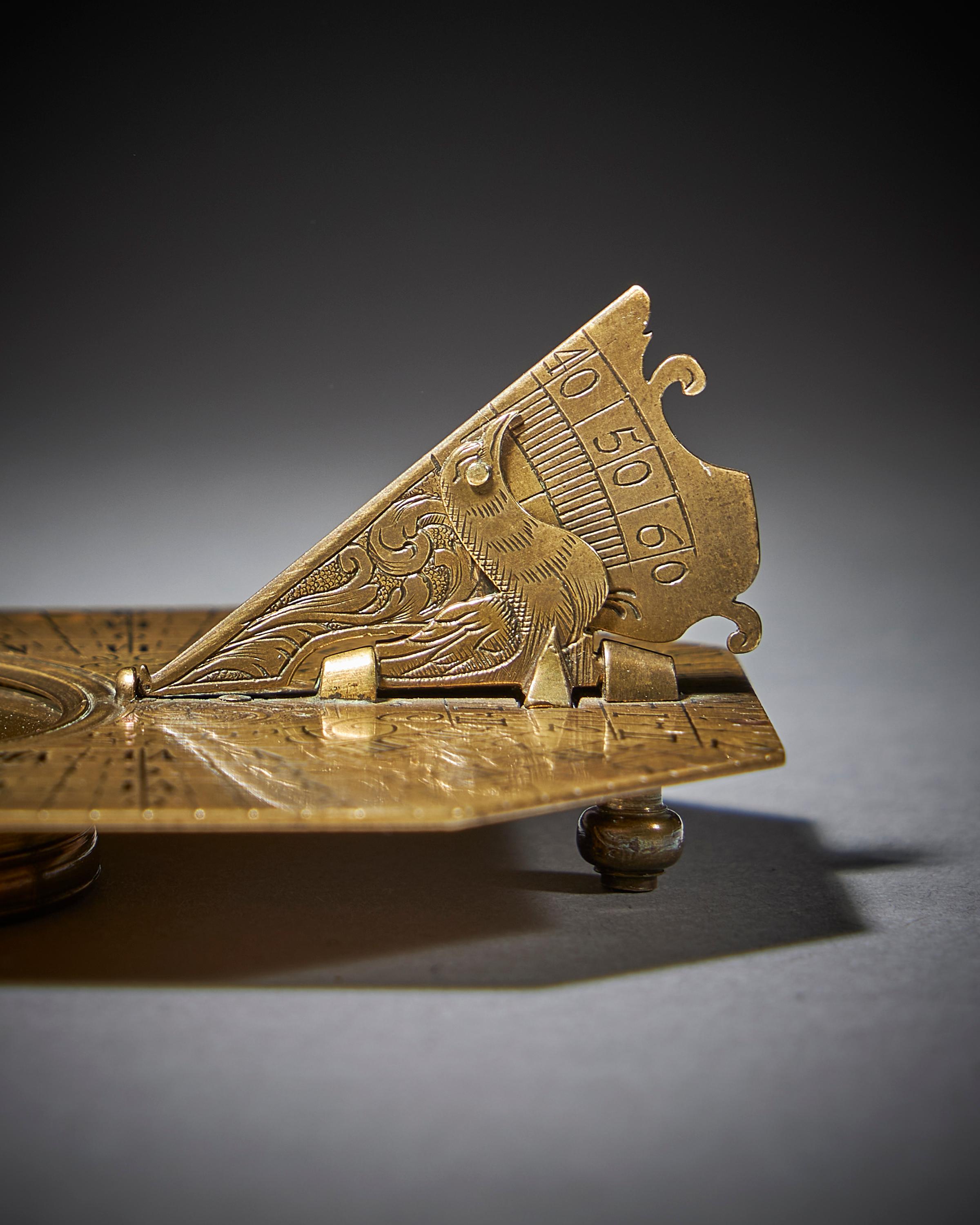 French Fine Brass Pocket Sundial and Compass by Michael Butterfield Paris, circa 1700