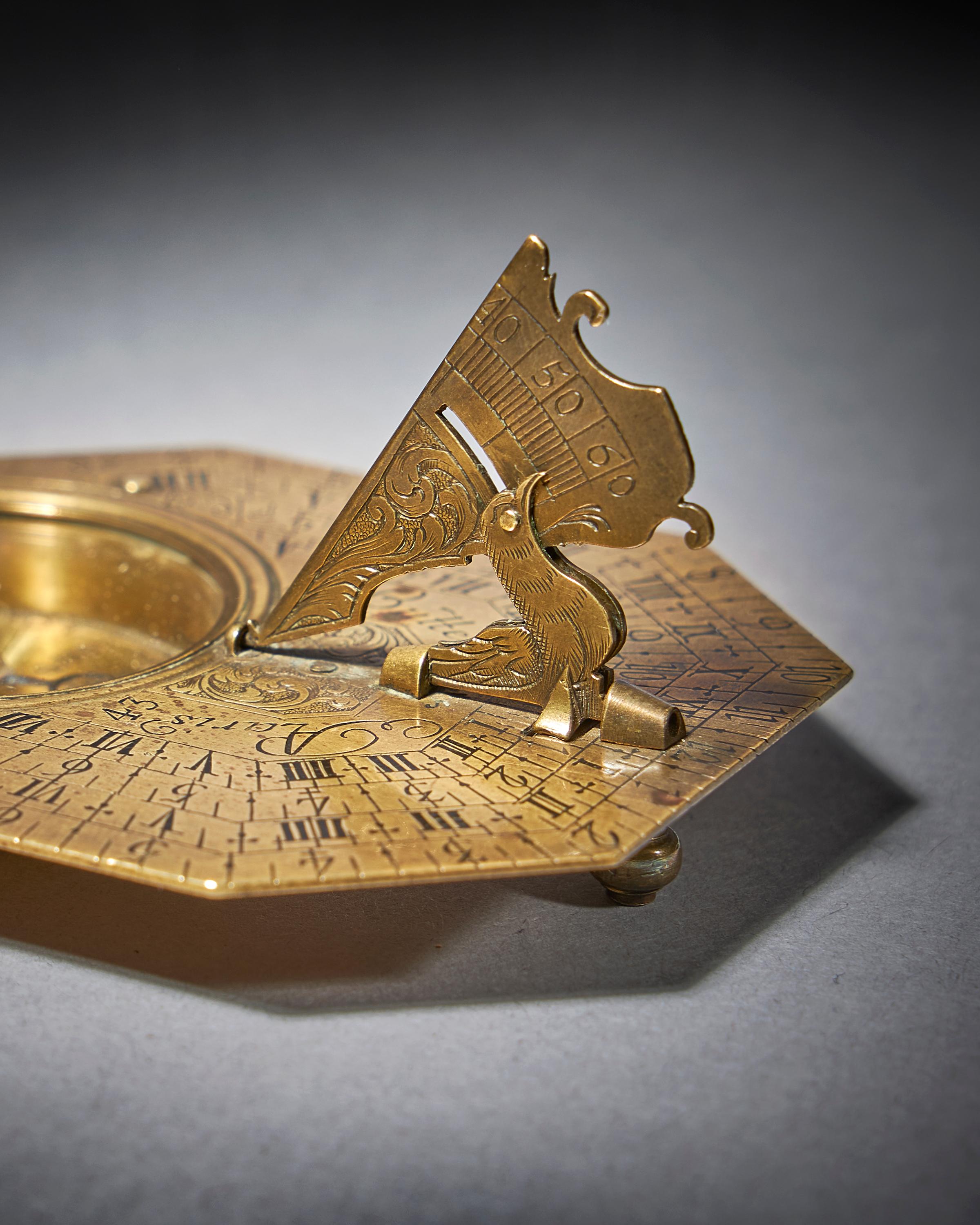 17th Century Fine Brass Pocket Sundial and Compass by Michael Butterfield Paris, circa 1700