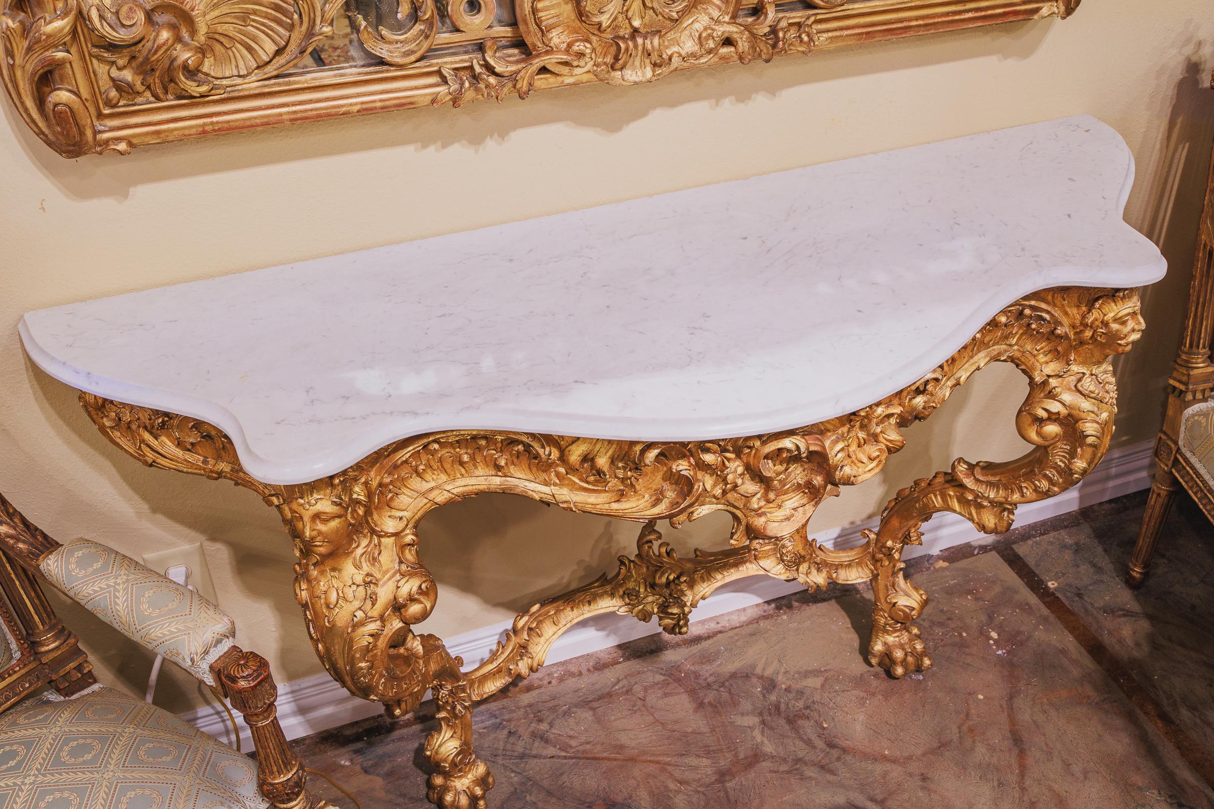 Fine Carved and Gilt 19th Century Italian Louis XV Marble Top Console For Sale 2