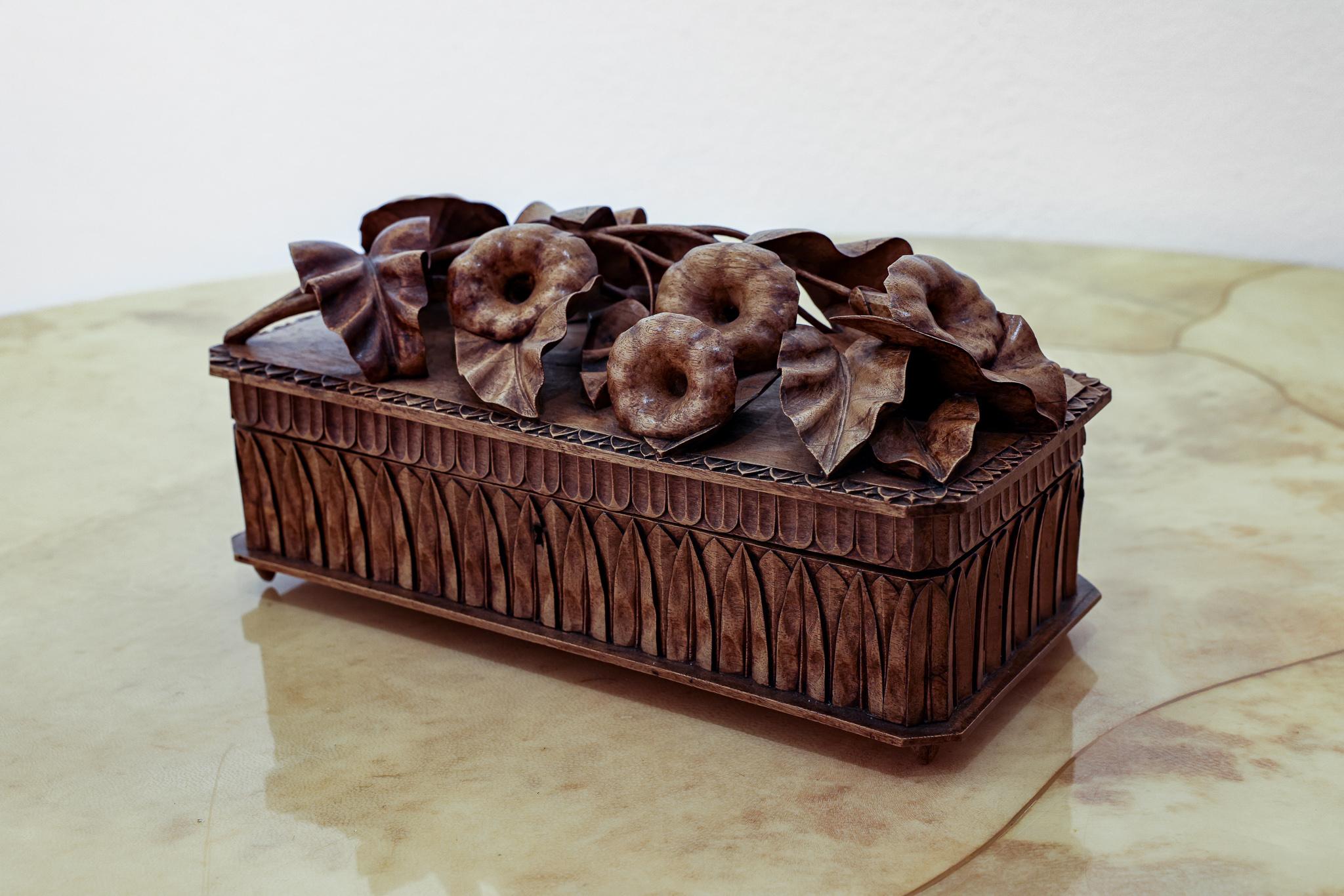 French Fine Carved Wood Box with Morning Glories For Sale