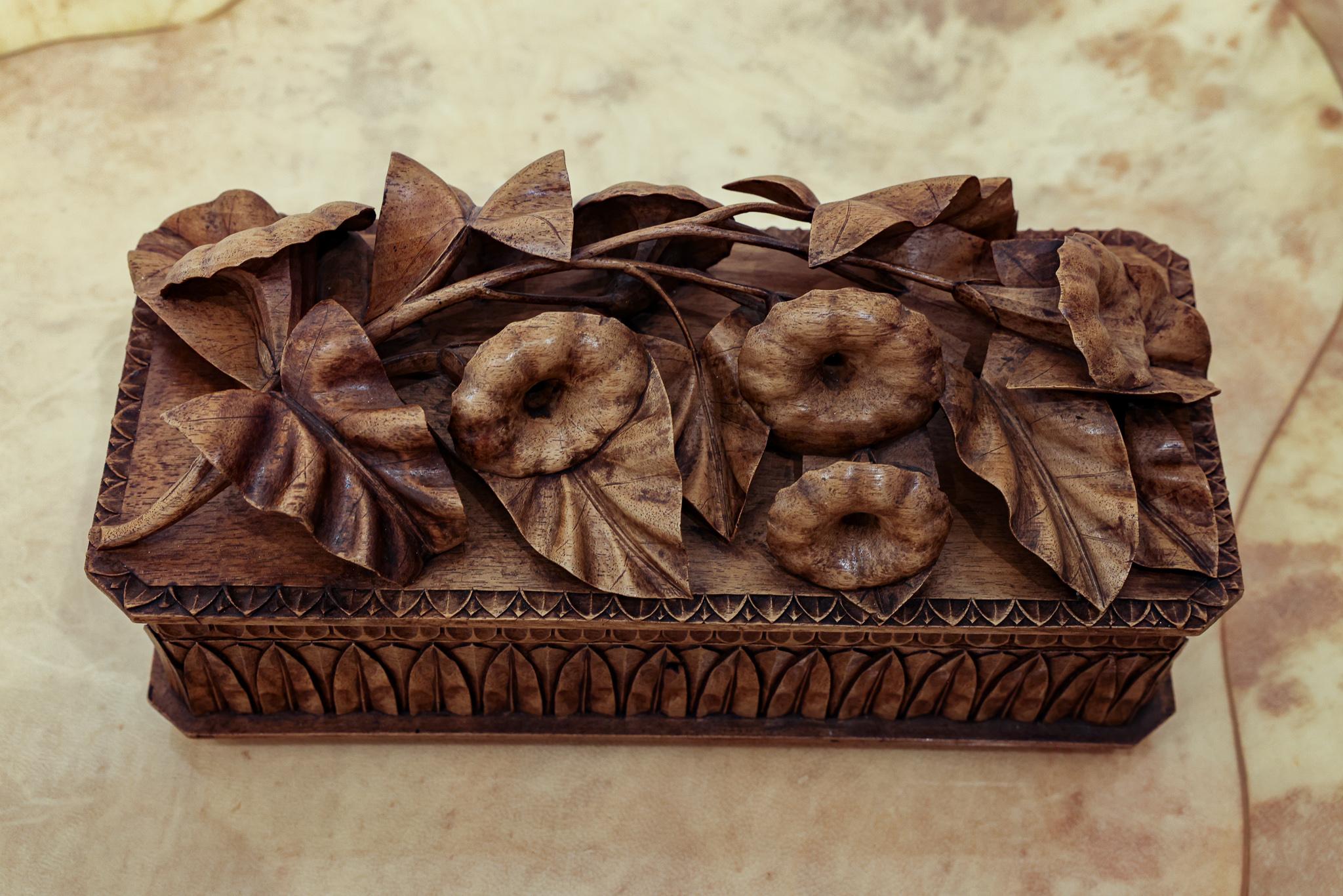 Hand-Carved Fine Carved Wood Box with Morning Glories For Sale