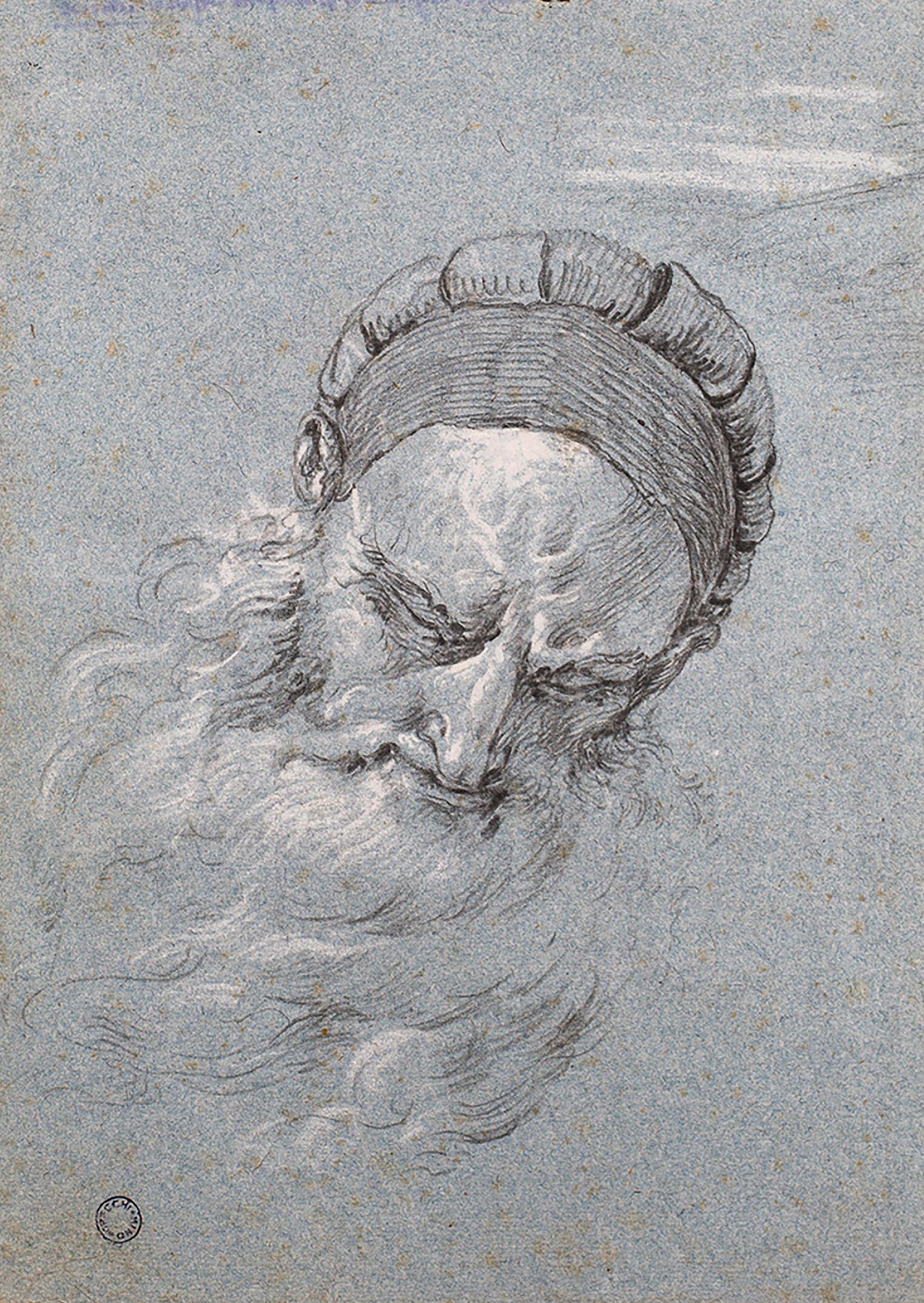 A fine chiaroscuro drawing of a Bearded Venetian Man gazing downward

Possibly by Giovanni Battista Piazzetta or his ambit
Early 18th century; Venice, Italy
Charcoal with white lead heightening on prepared blue paper
Approximate size: 29.5 x 22