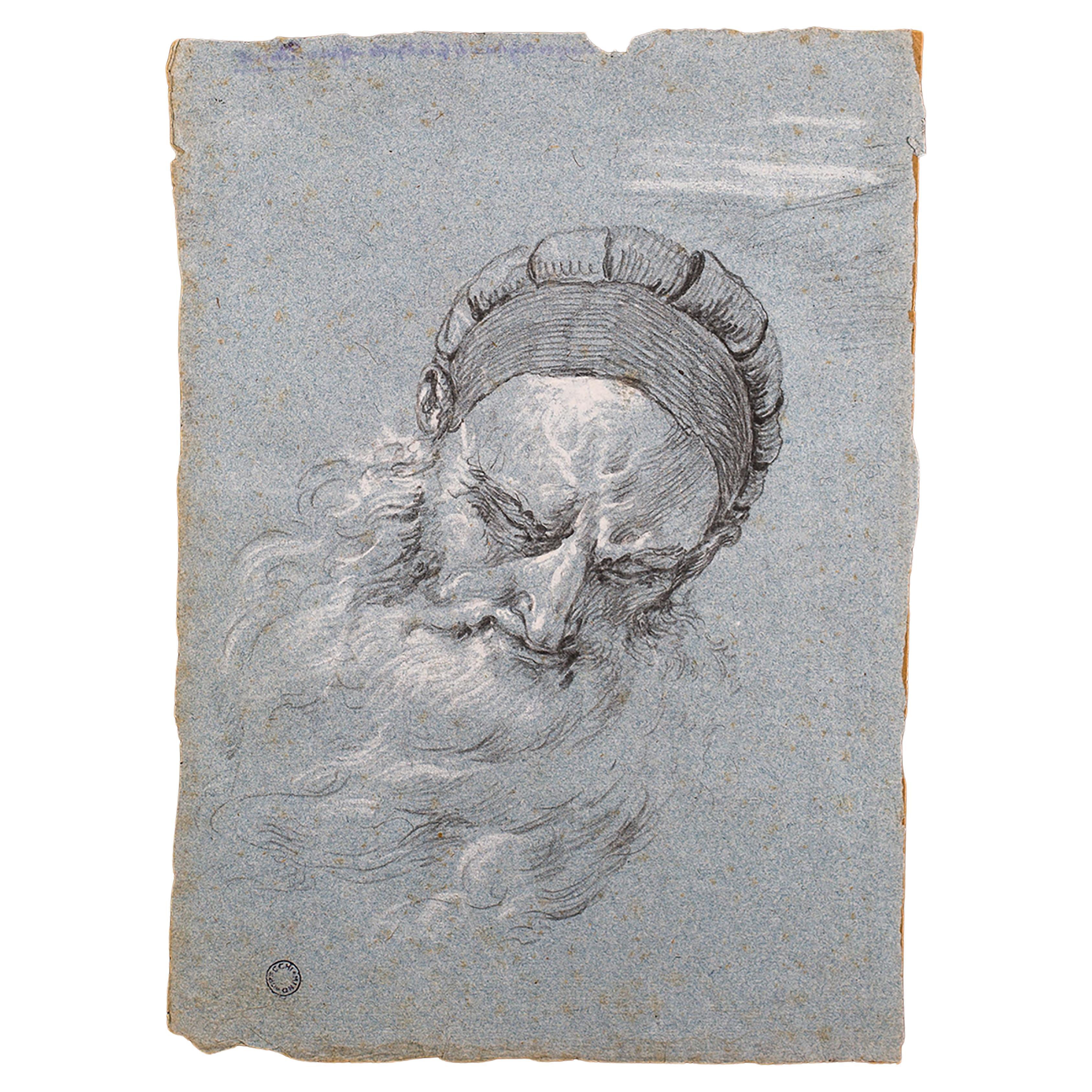 A fine chiaroscuro drawing of a pensive Bearded Venetian Man on blue paper