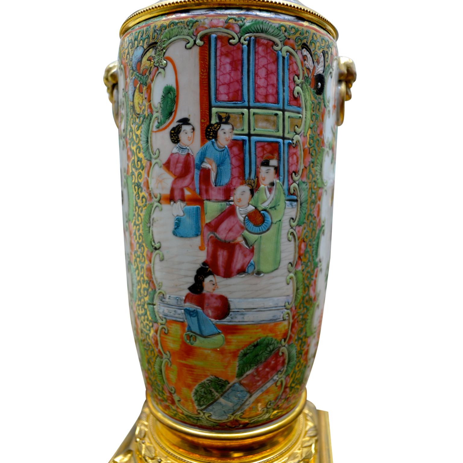 Chinese Export Fine Chinese Cantonese Rouleau Shaped Famille Rose Lamp with a Gilt Bronze