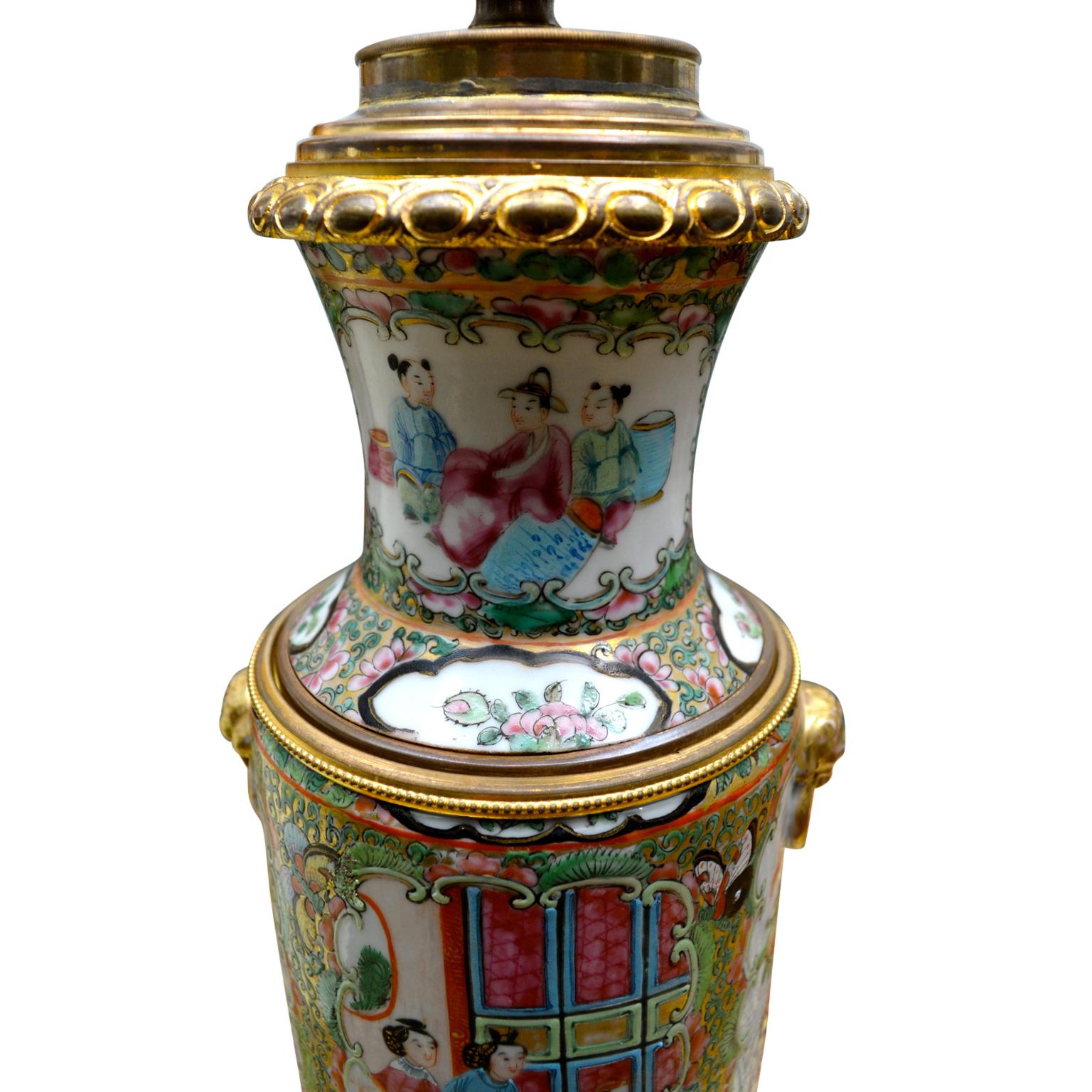 Glazed Fine Chinese Cantonese Rouleau Shaped Famille Rose Lamp with a Gilt Bronze