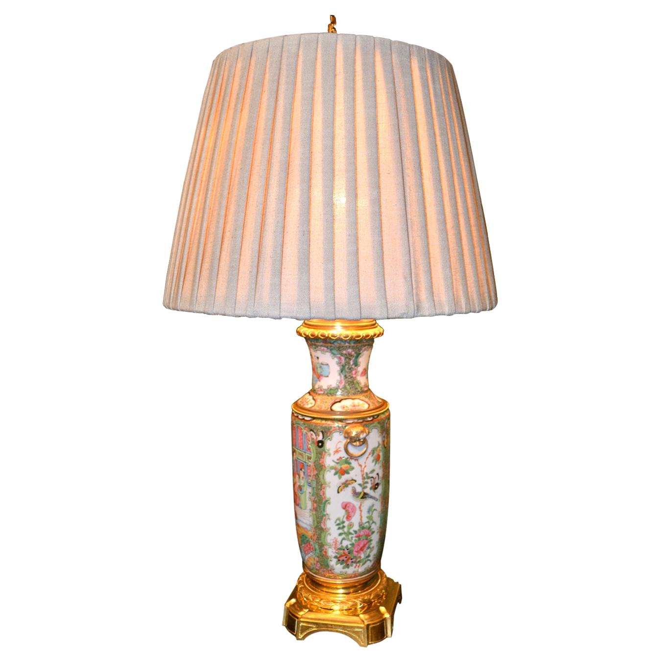 Fine Chinese Cantonese Rouleau Shaped Famille Rose Lamp with a Gilt Bronze