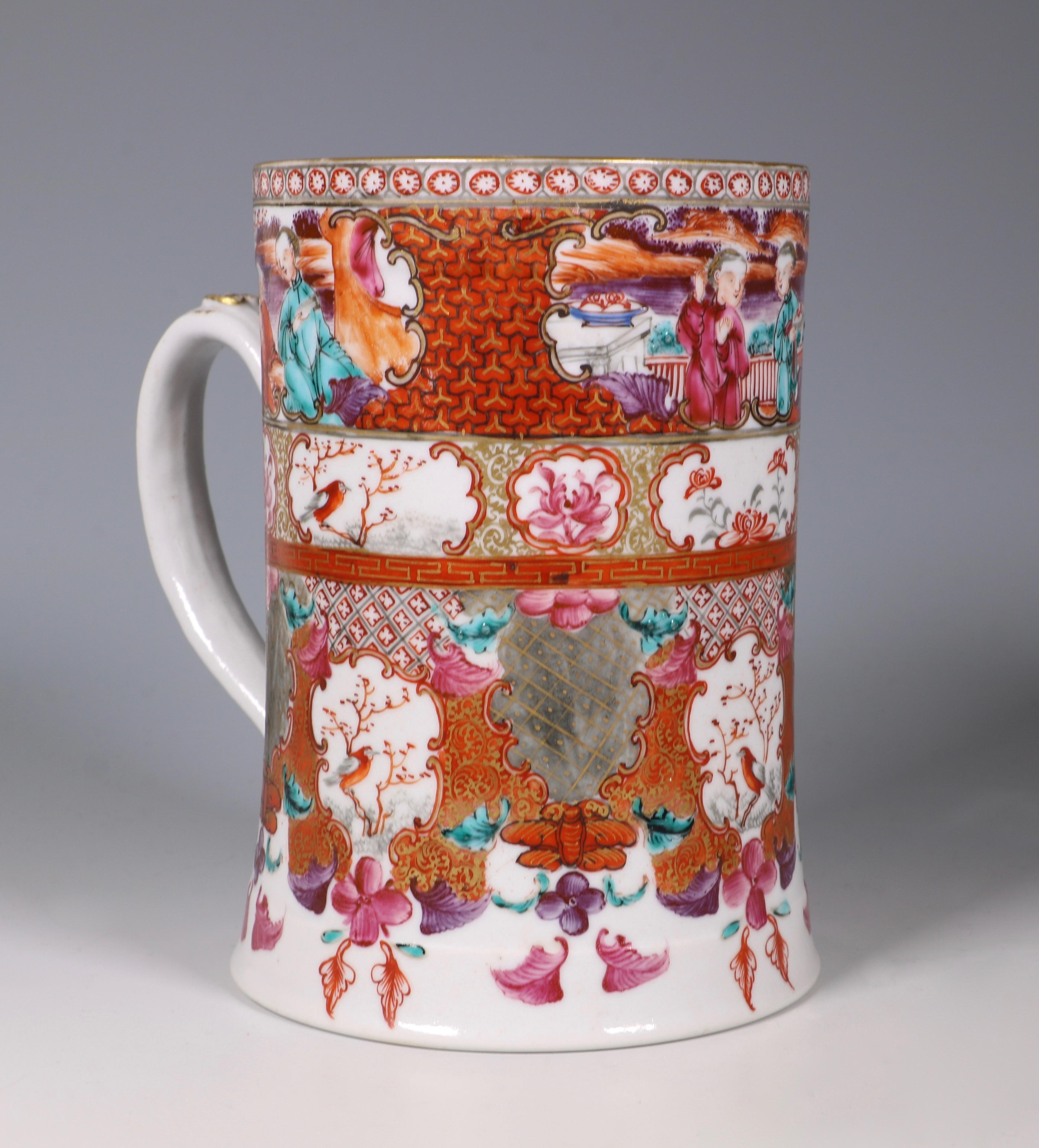 Enameled Fine Chinese Export Porcelain Famille Rose Mandarin Palette Tankard, 18thC For Sale
