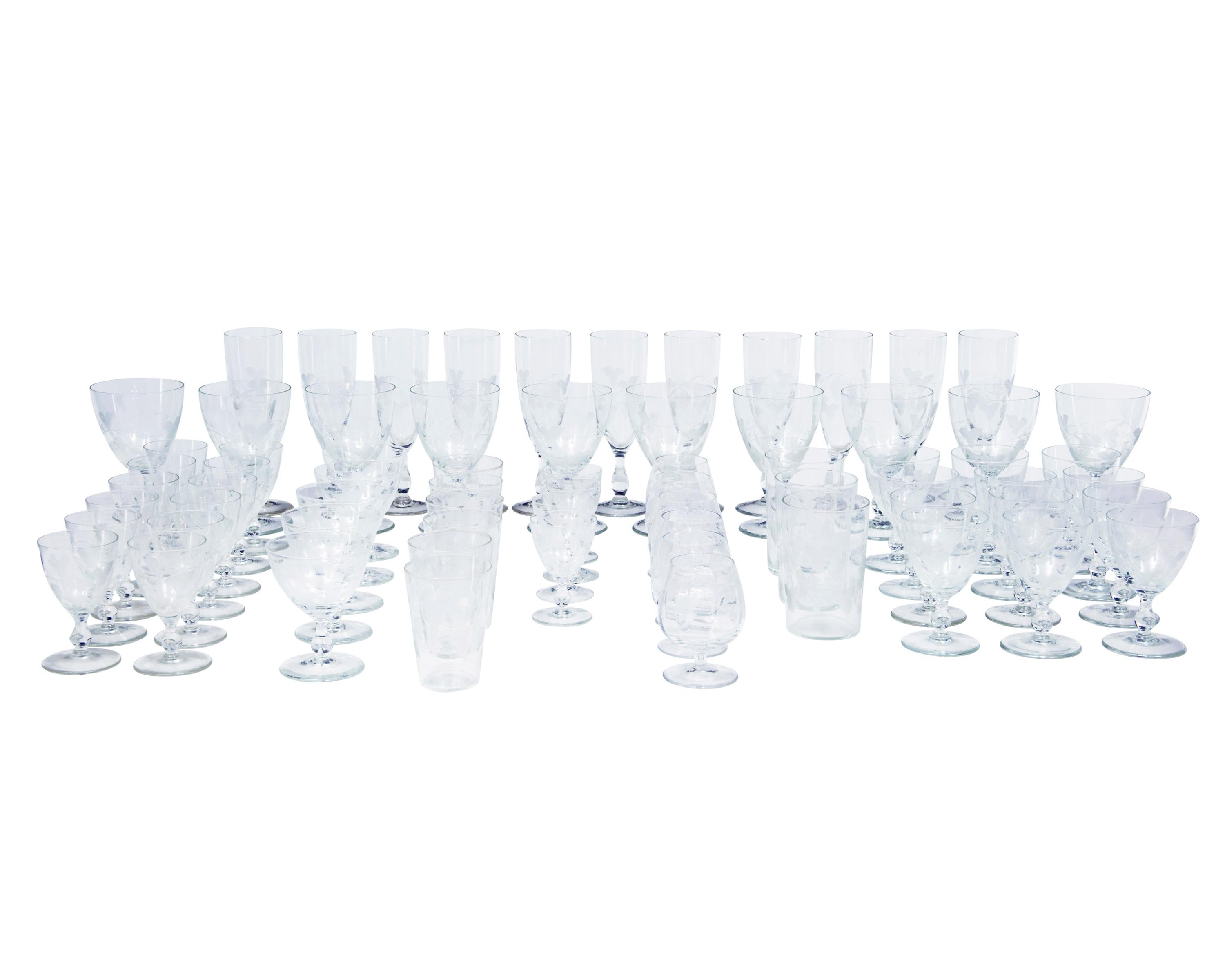 A fine collection of 1930's riihimaki savoy vine etched glasses fine set of 69 glasses from the well known finnish makers rihhimaki.

11 champayne flutes

10 large wine glasses

12 small wine glasses

12 port glasses

6 brandy glasses

6 small