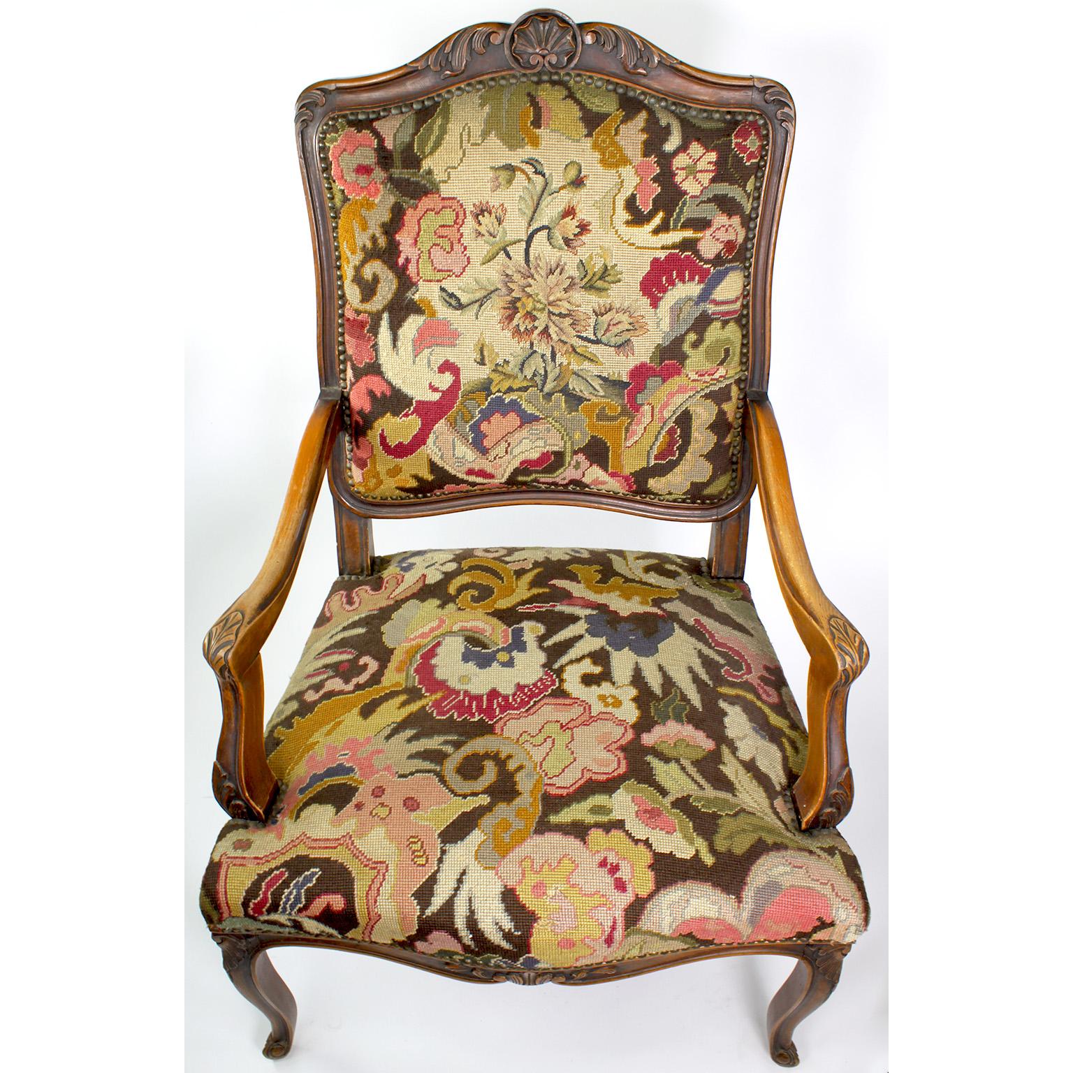 French Provincial Fine Country French Louis XV Style Carved Walnut and Needlepoint Armchair For Sale