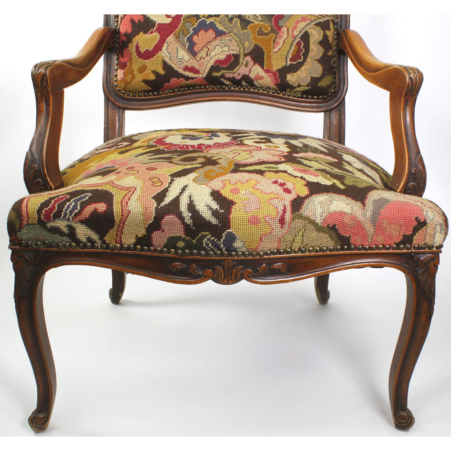 Early 20th Century Fine Country French Louis XV Style Carved Walnut and Needlepoint Armchair For Sale