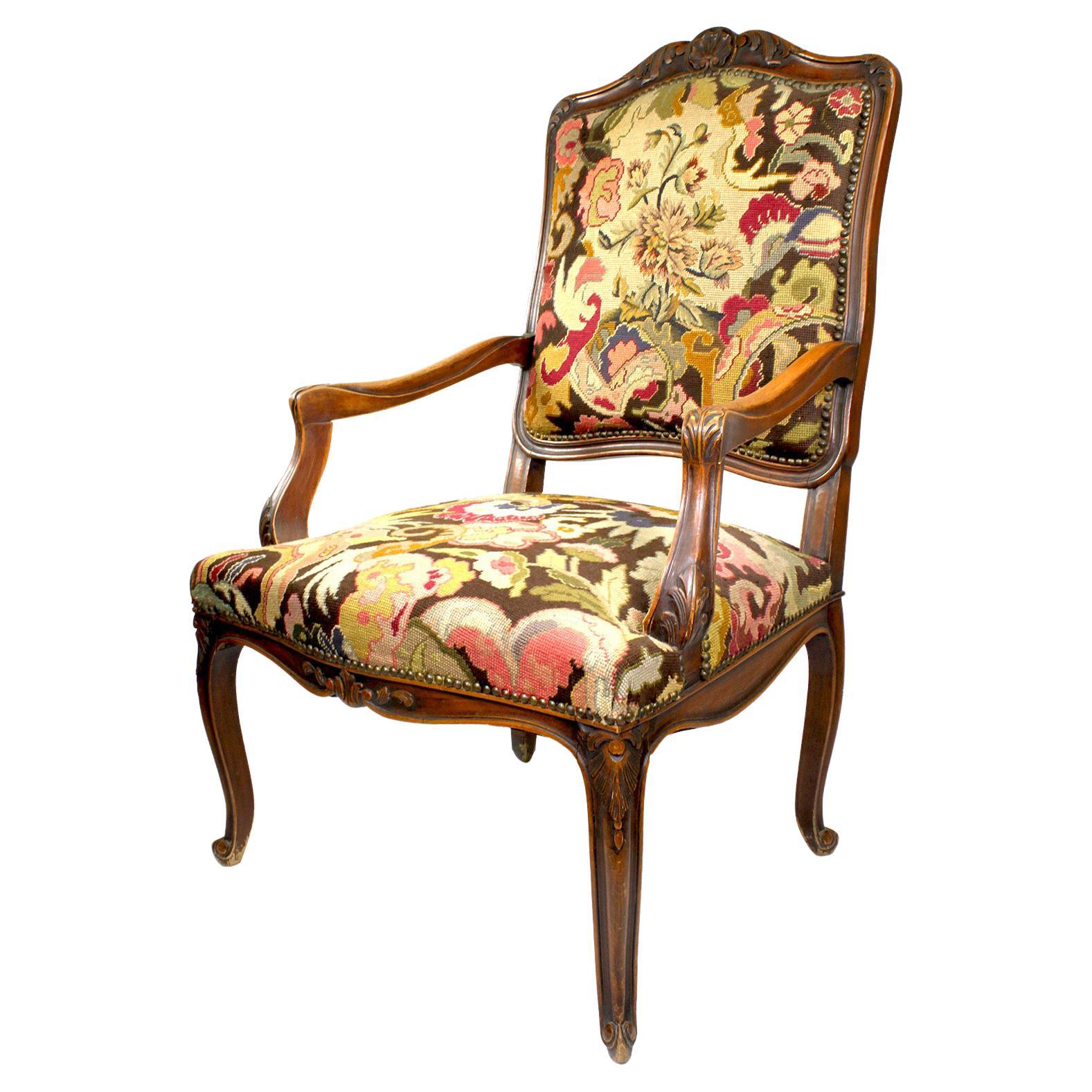 Fine Country French Louis XV Style Carved Walnut and Needlepoint Armchair