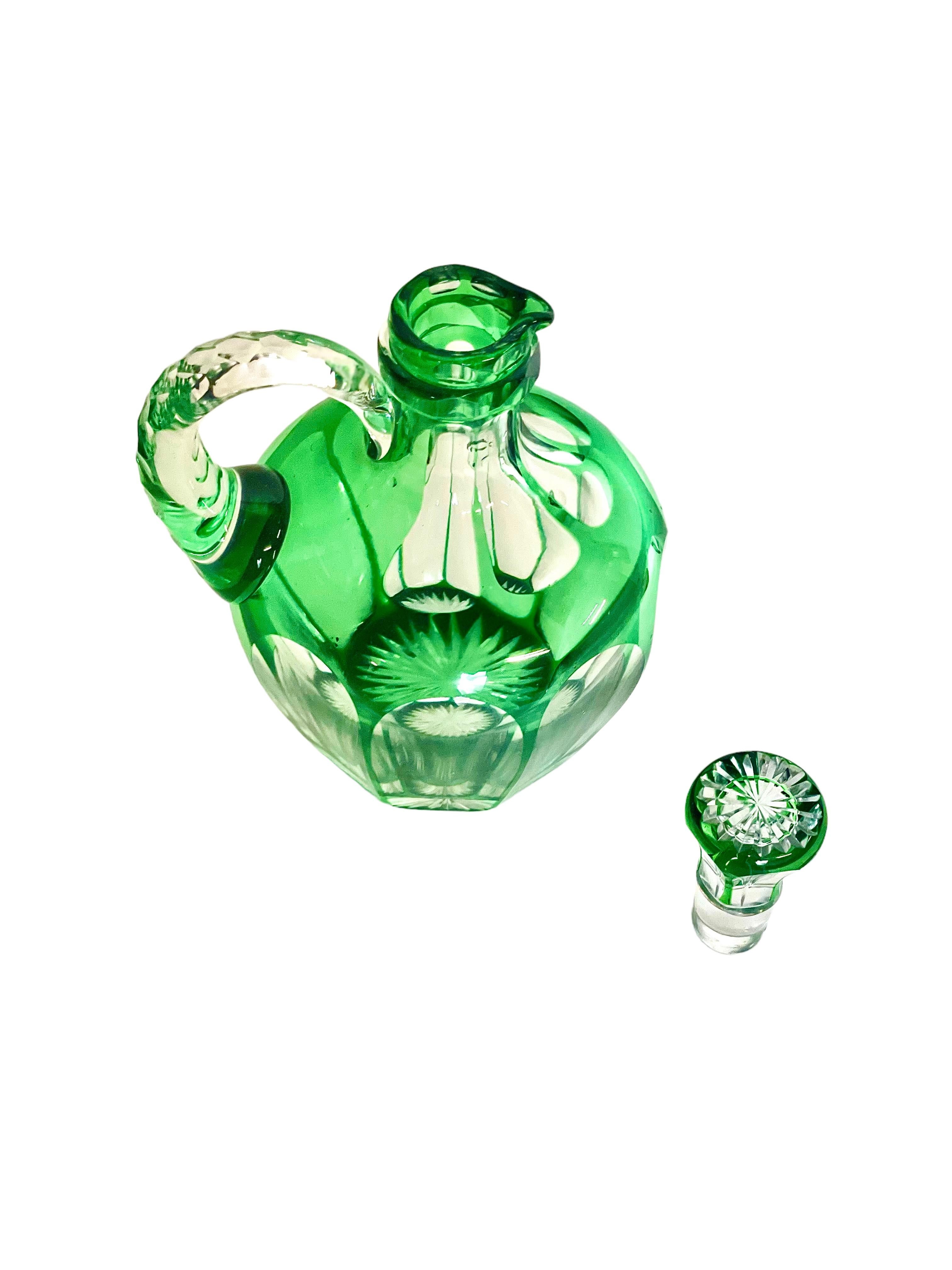 20th Century Vintage French Green Overlay Crystal Liqueur Decanter with Handle For Sale