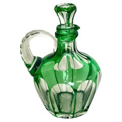Fine Crystal Liqueur Decanter with Handle and Vibrant Green Cut-to-clear Overl