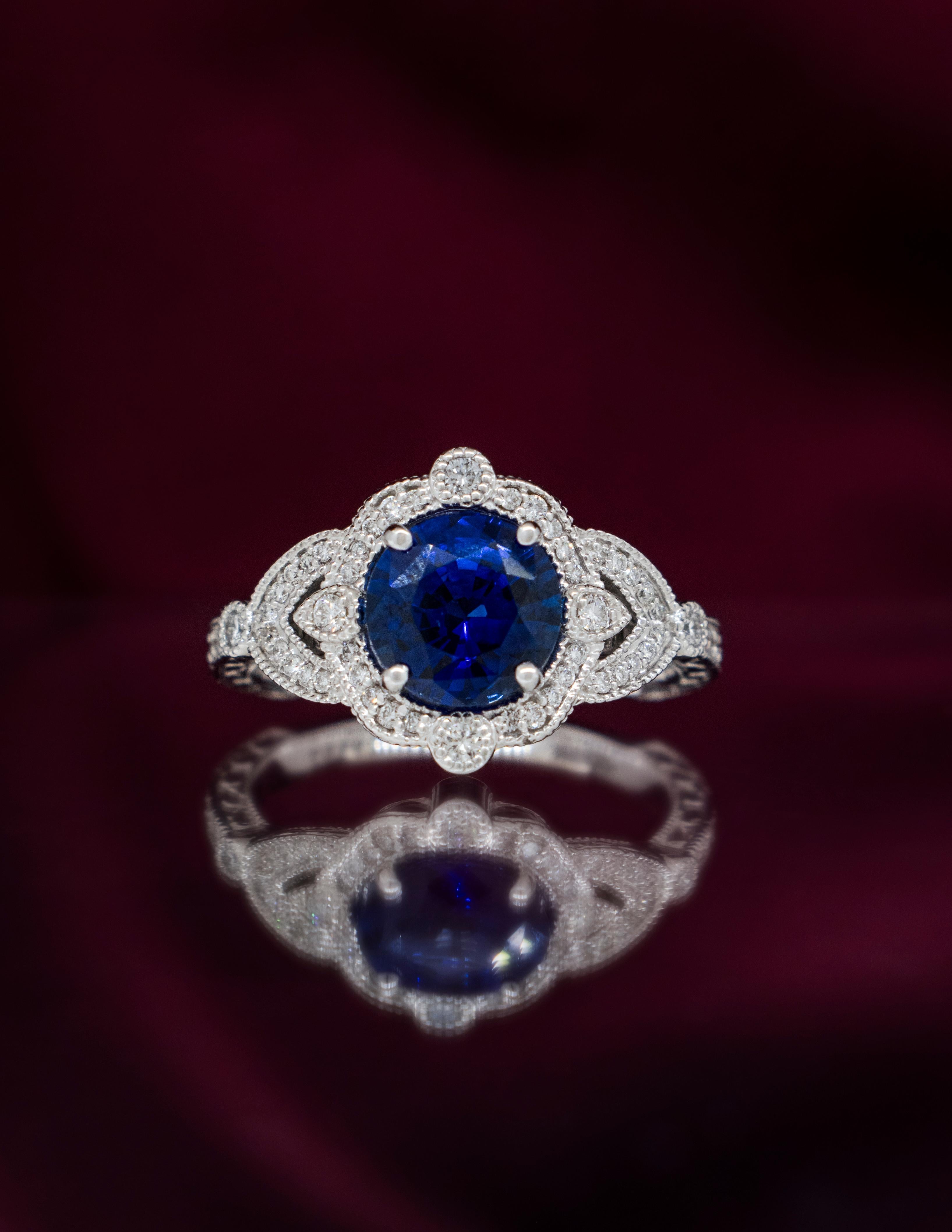 Art Deco A Fine Deep Blue Sapphire in a 14K White Gold Diamond Ring For Sale