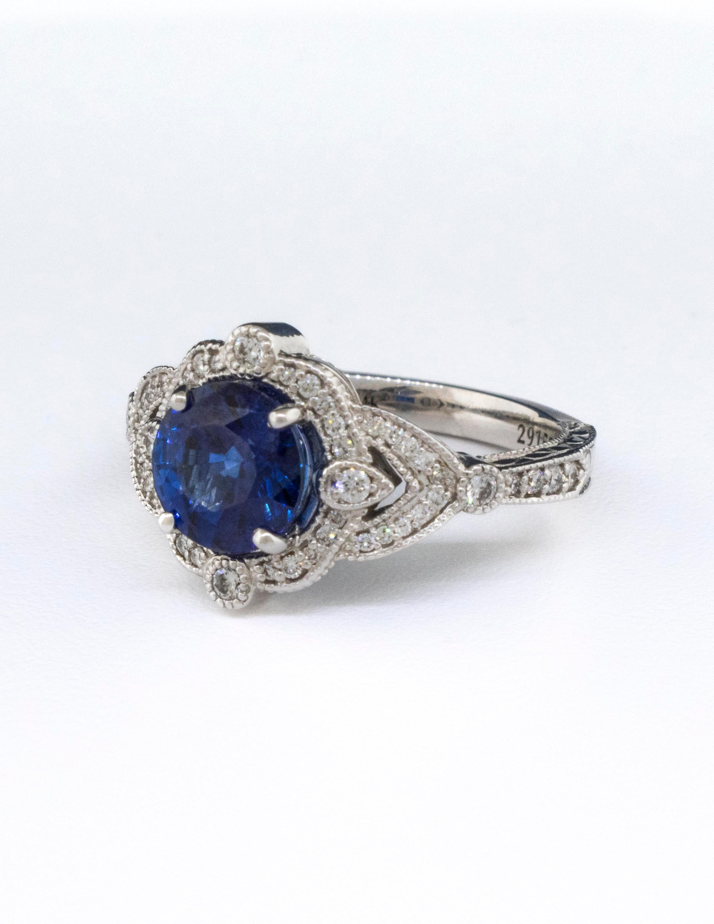 A Fine Deep Blue Sapphire in a 14K White Gold Diamond Ring In New Condition For Sale In Boone, NC