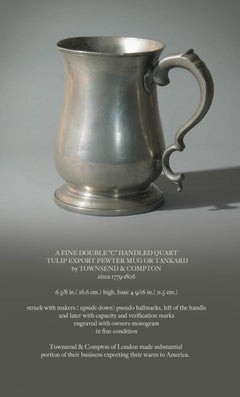 Fine Double "C" Handled Quart Tulip Export Pewter Tankard Townsend & Compton
