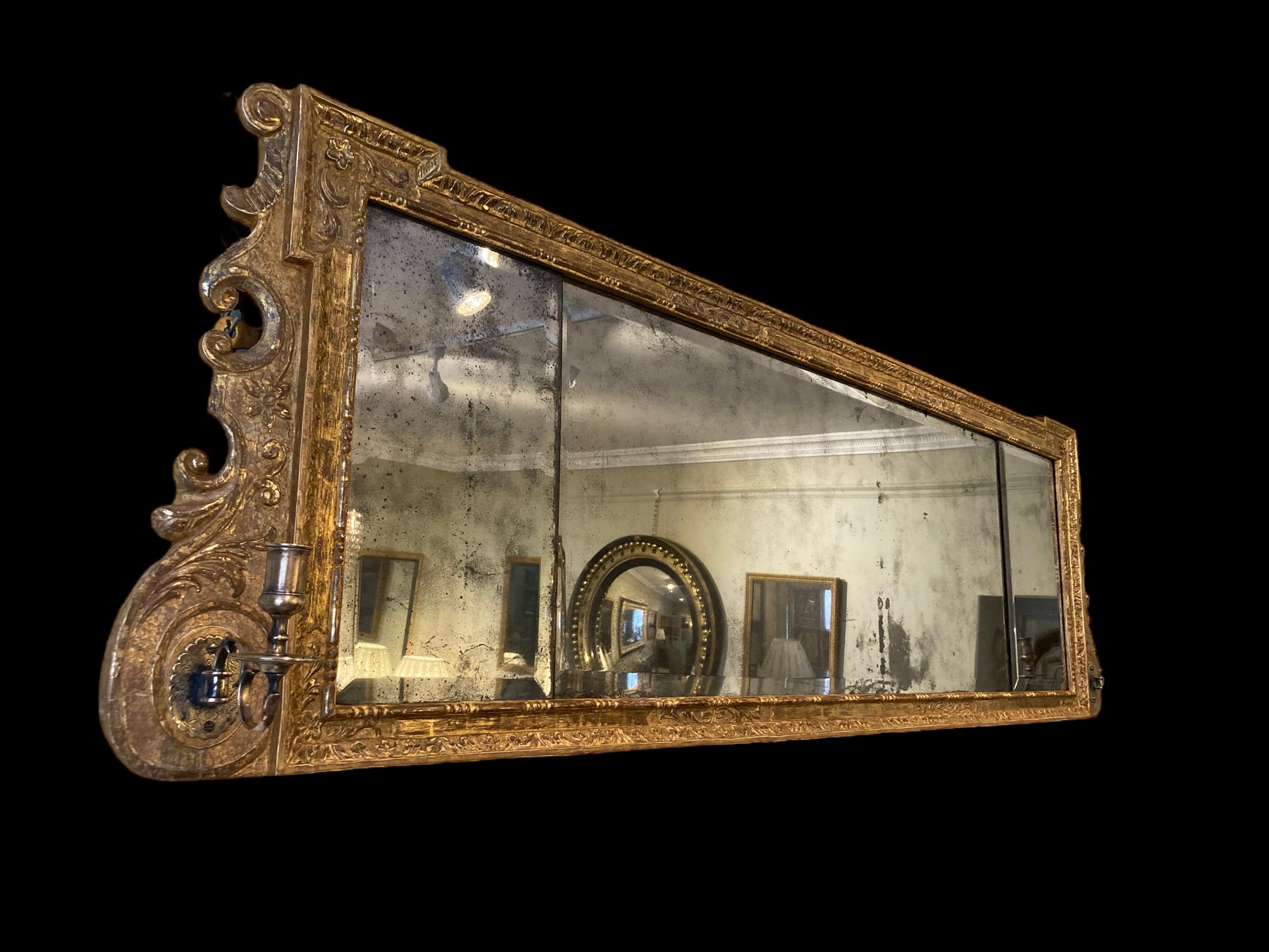 18th Century A fine early 18th C triple-plate George II carved giltwood framed overmantle For Sale