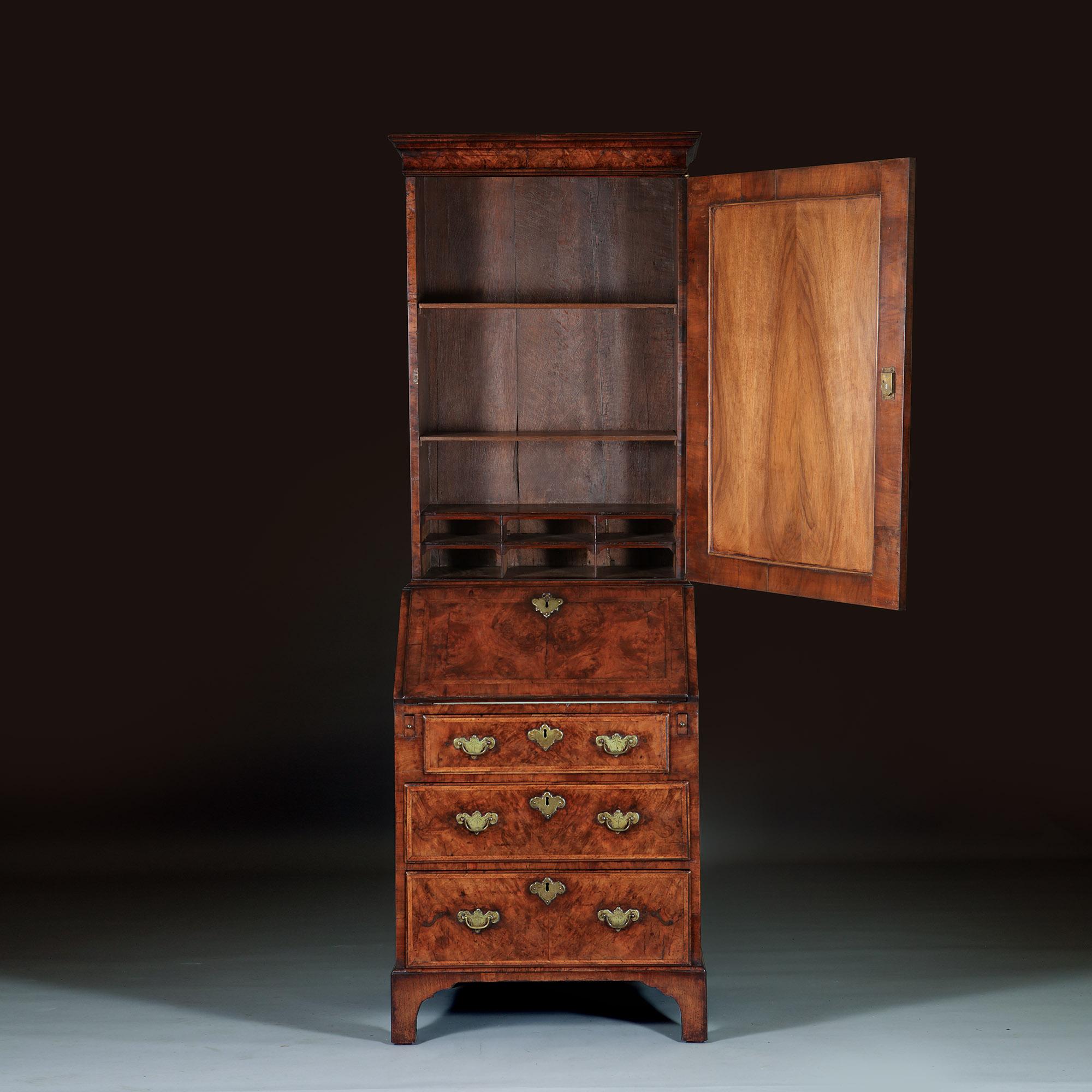 A Fine Early 18th Century George I Burr Walnut Bureau Bookcase, Circa 1715 For Sale 1