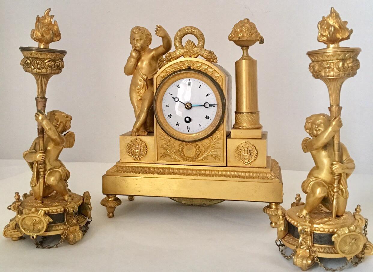 Fine Early 19th Century French Empire Period Gilt Bronze Figural Set Clock For Sale 10