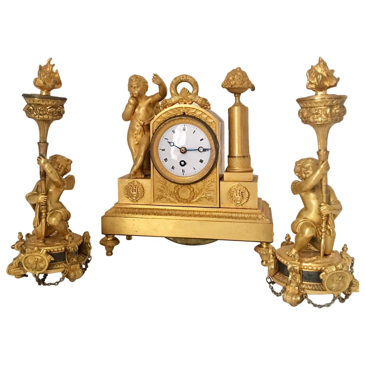 Fine Early 19th Century French Empire Period Gilt Bronze Figural Set Clock For Sale
