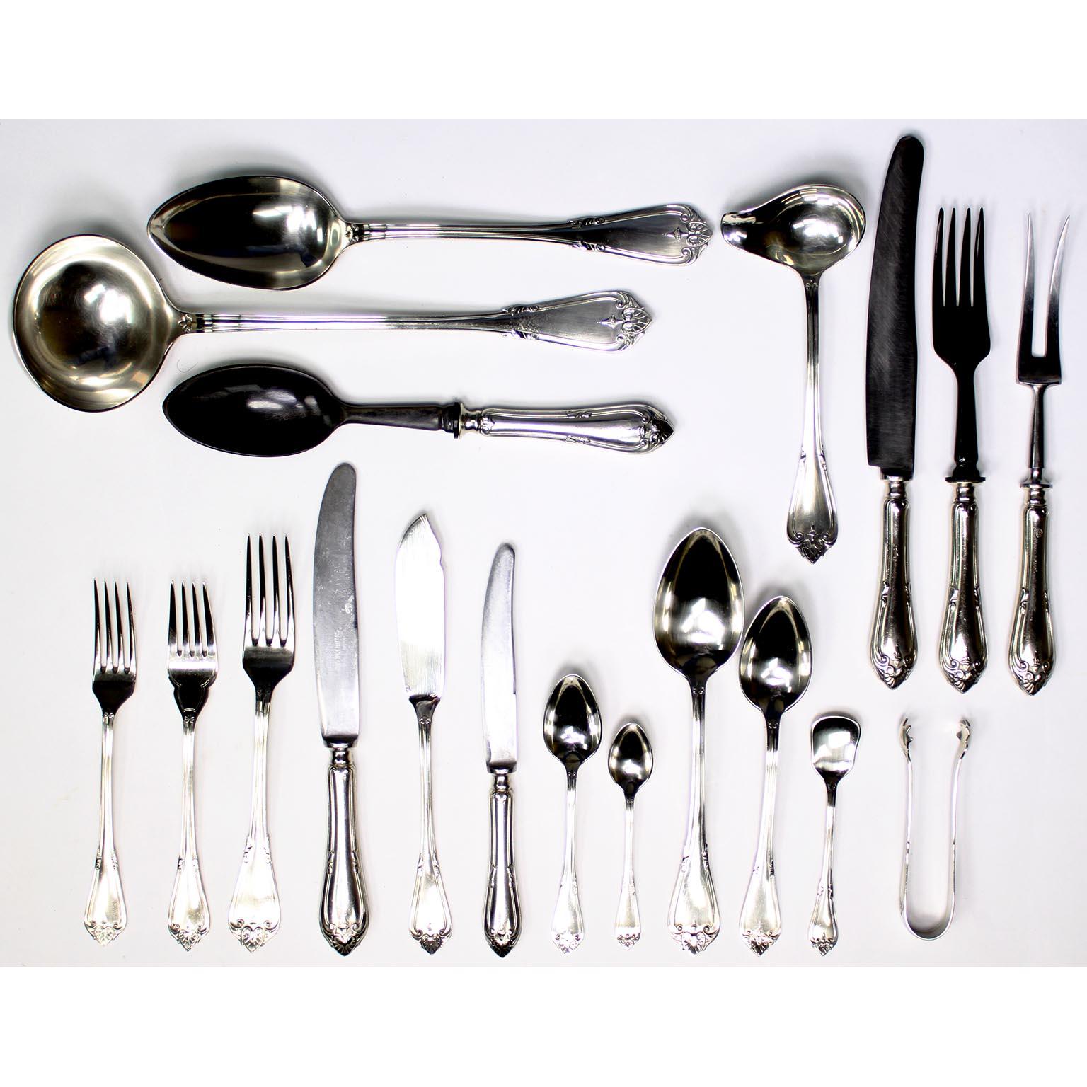 A Fine Early 20th Century 152 Piece Austrian Dinnerware Flatware Set by Berndorfer Metallwaaren-Fabrik, stamped 'Berndorf Alpacca', The Neoclassical Revival style set of Alpacca flatware comprising of: 

12 Fish knives
12 Salad forks
12 Salad