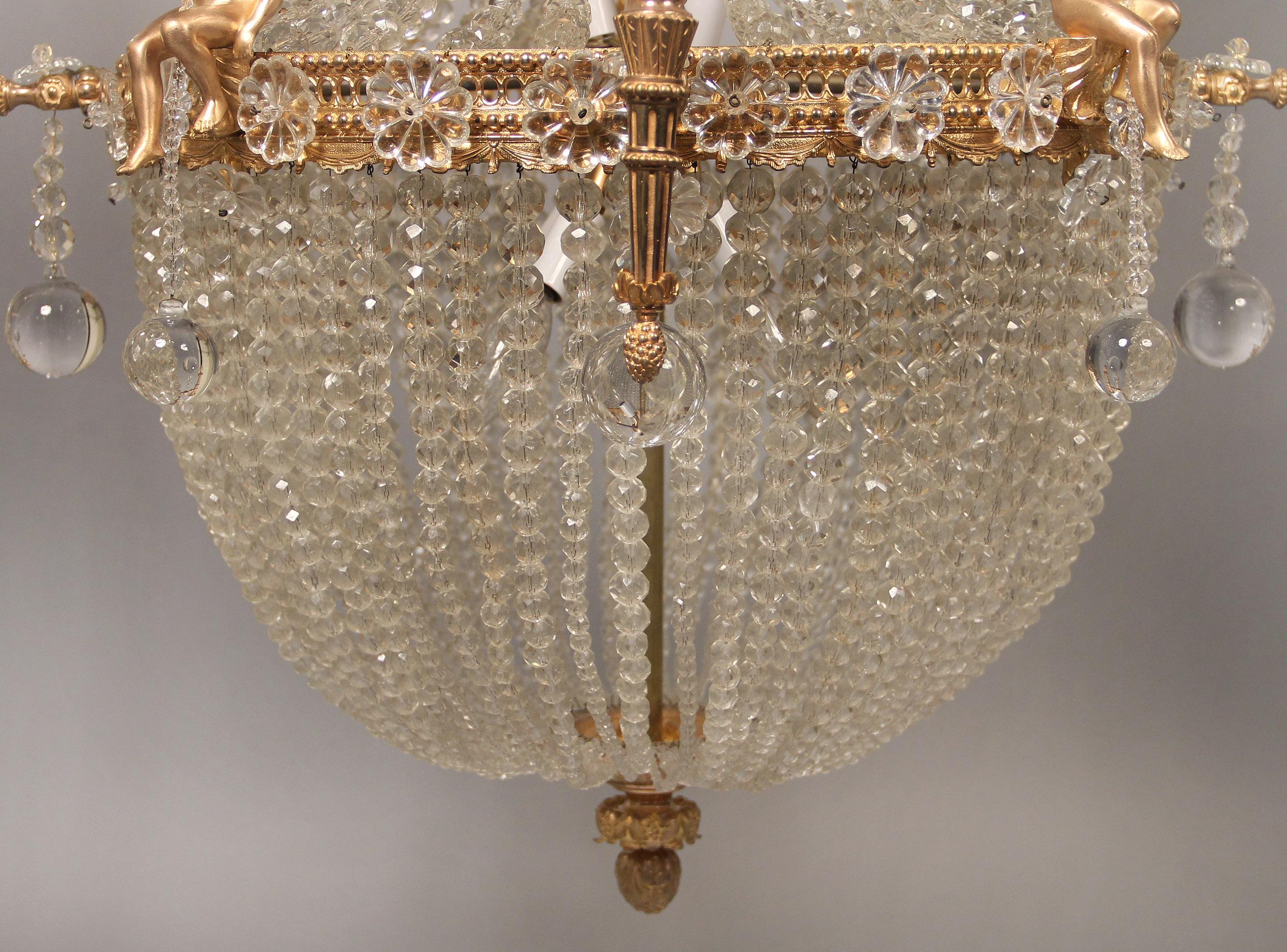 Fine Early 20th Century Gilt Bronze and Crystal Ten-Light Basket Chandelier For Sale 2