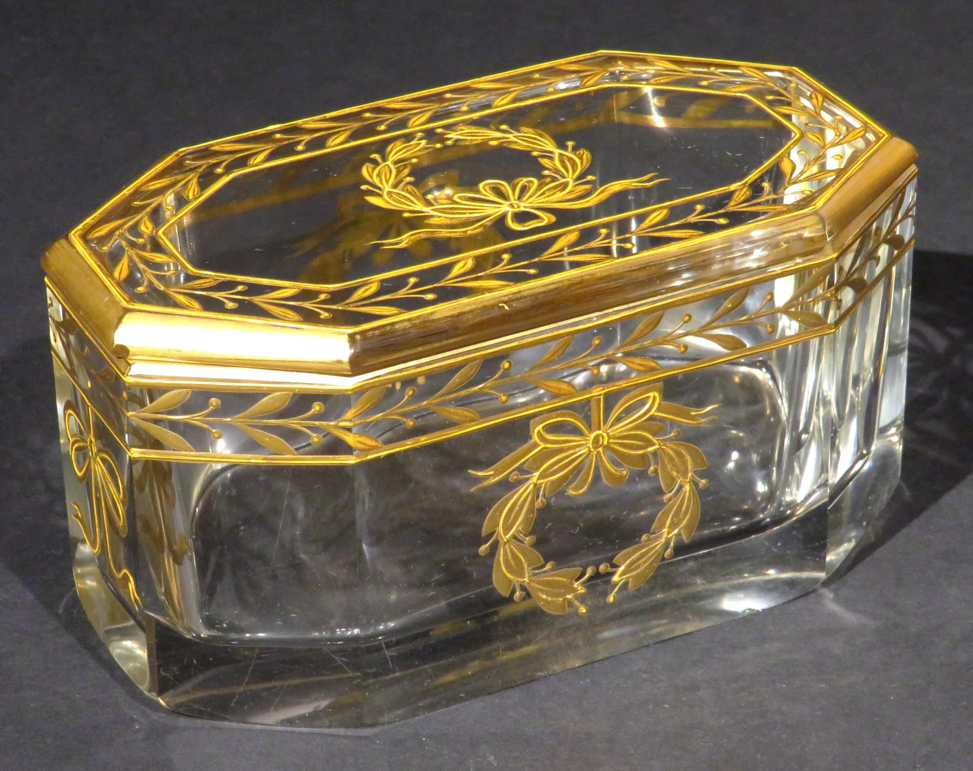 Neoclassical Revival Large Early 20th Century Gilt Decorated Glass Dresser Jar or Box, Circa 1920 For Sale