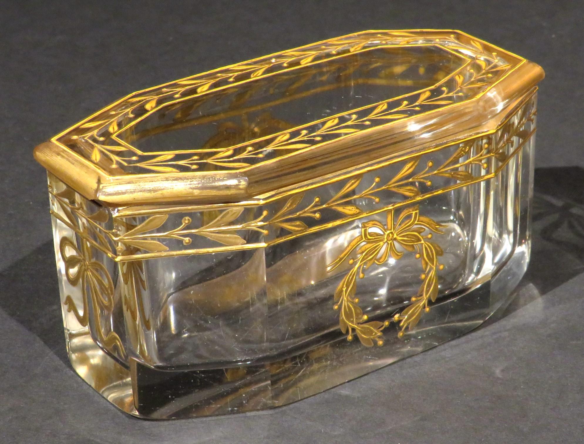 Neoclassical Revival Fine Early 20th Century Gilt Decorated Glass Dresser Jar or Box, Circa 1920 For Sale