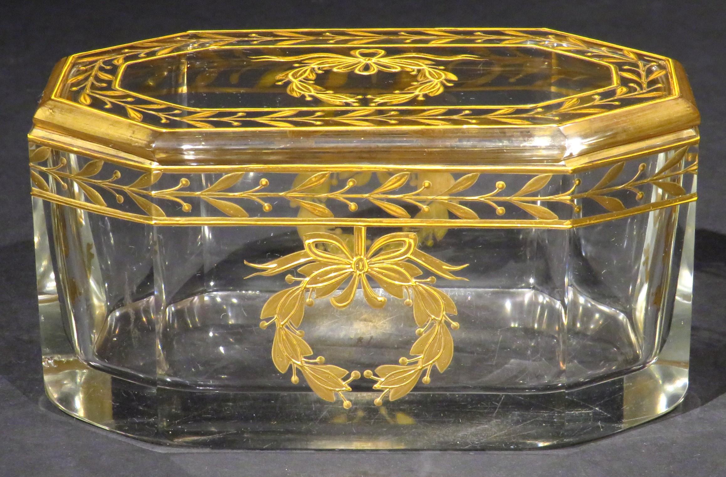 French Large Early 20th Century Gilt Decorated Glass Dresser Jar or Box, Circa 1920 For Sale