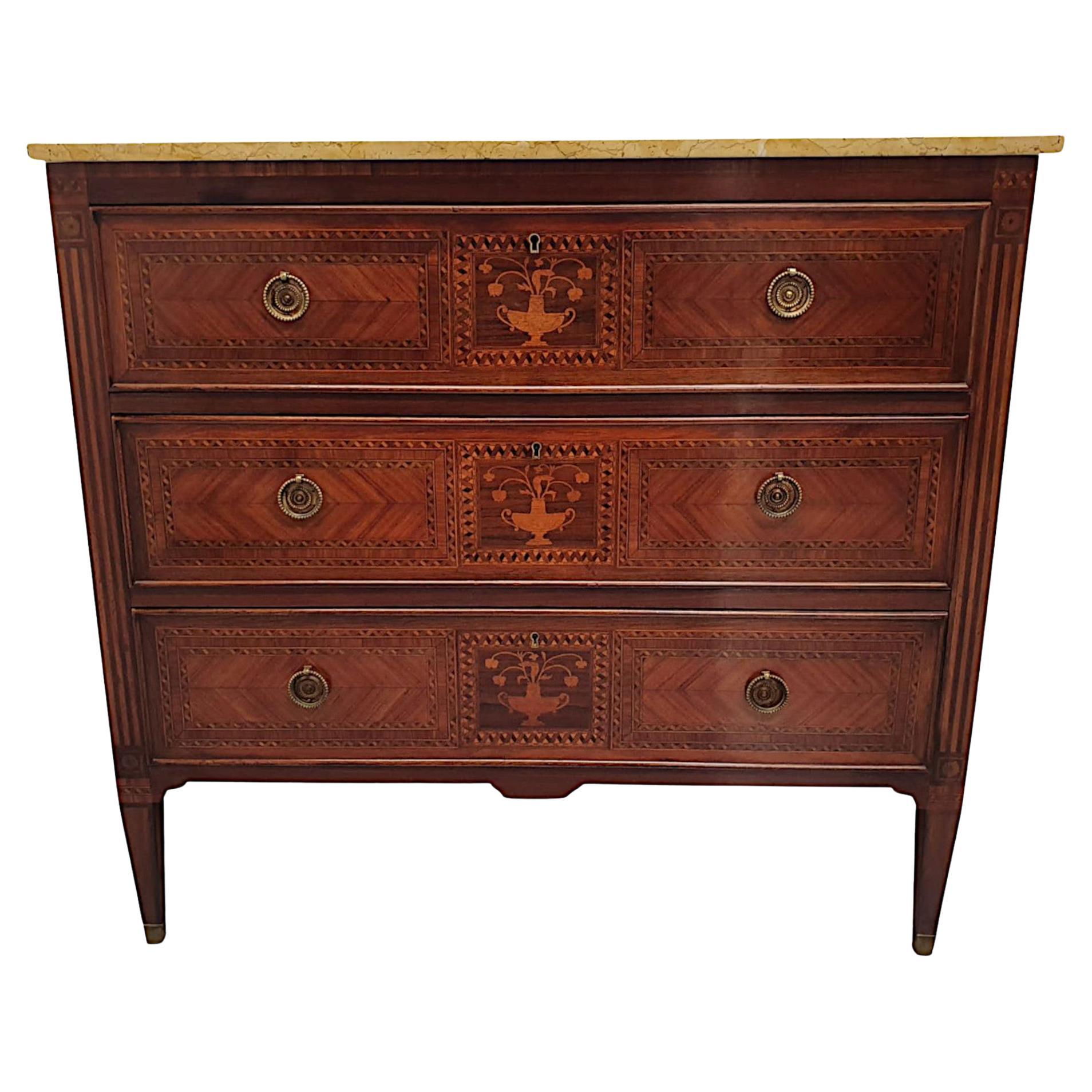 A Fine Early 20th Century Highly Inlaid Marble Top Chest of Drawers For Sale