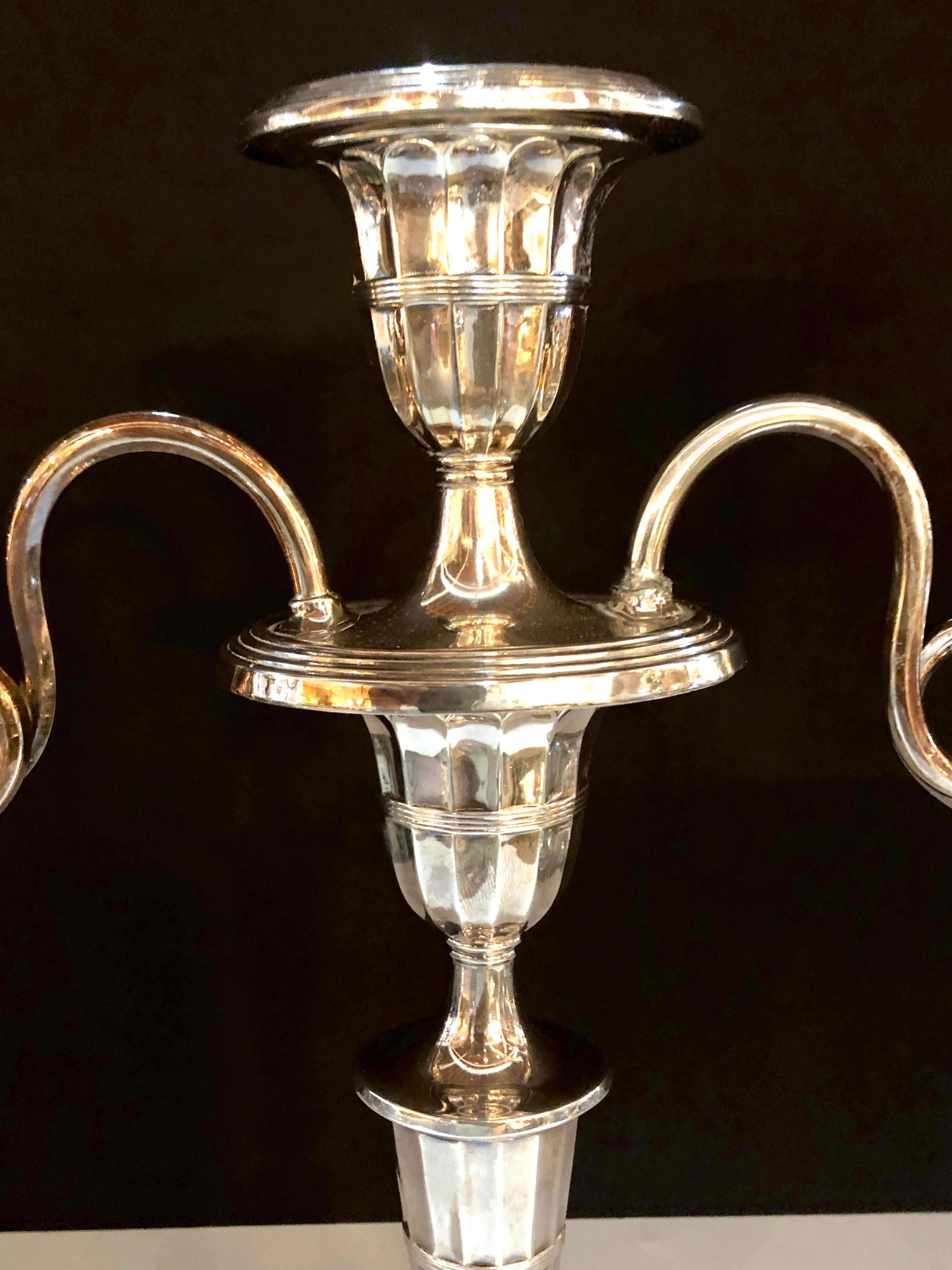 Fine Early Pair of Silver Plated Three-Arm Hallmarked Candelabra 6