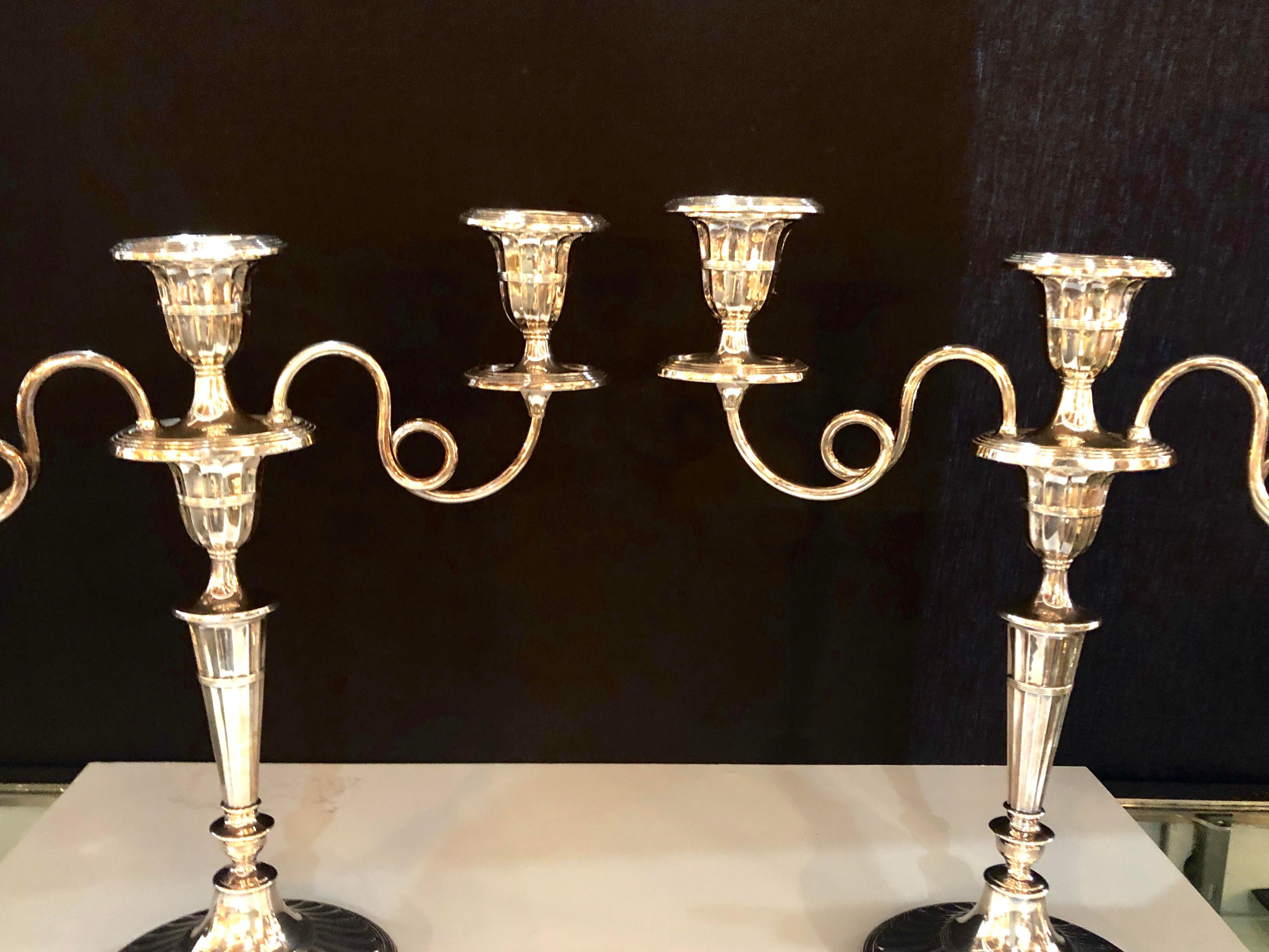 Adam Style Fine Early Pair of Silver Plated Three-Arm Hallmarked Candelabra