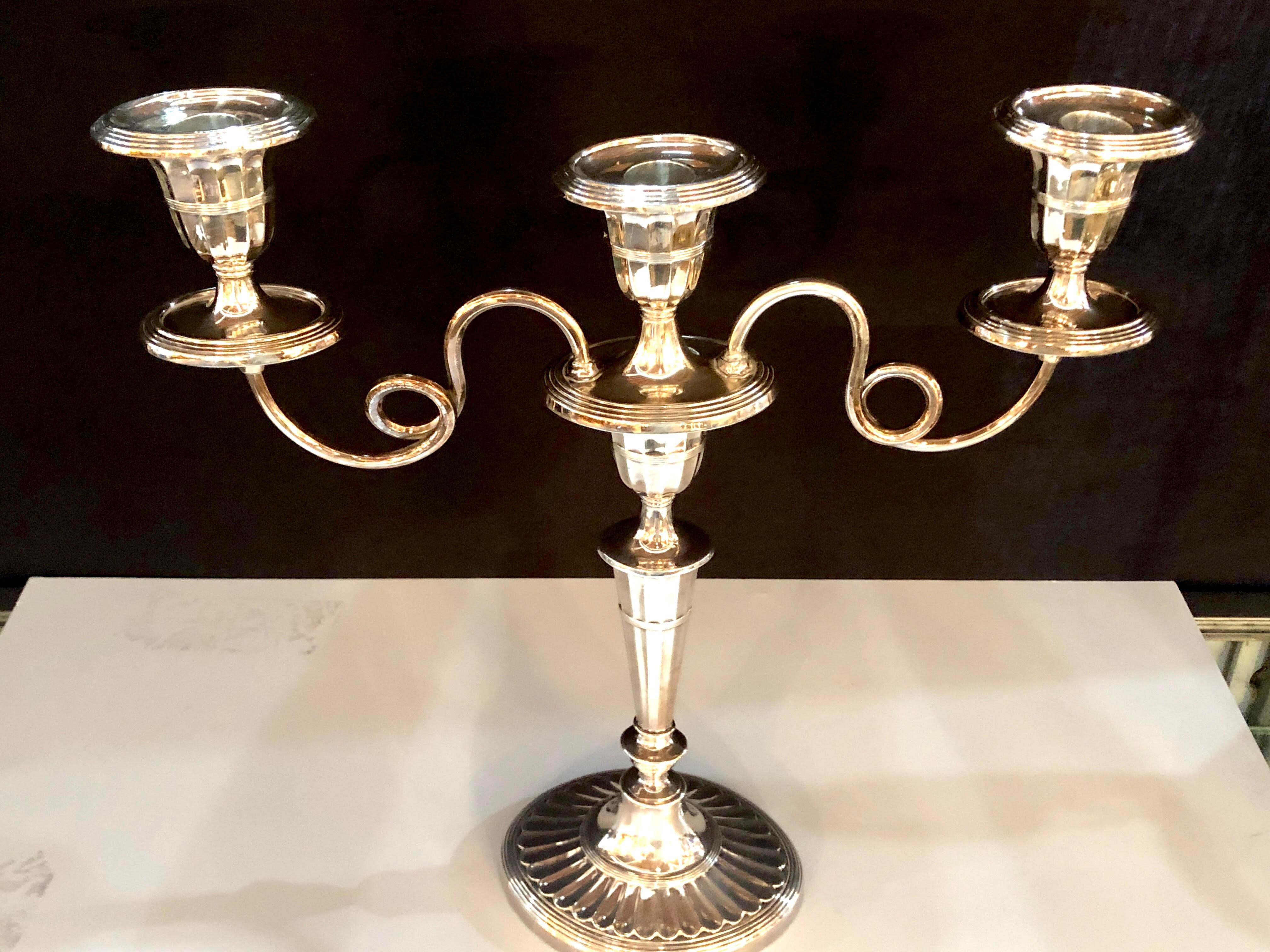 Fine Early Pair of Silver Plated Three-Arm Hallmarked Candelabra In Good Condition In Stamford, CT