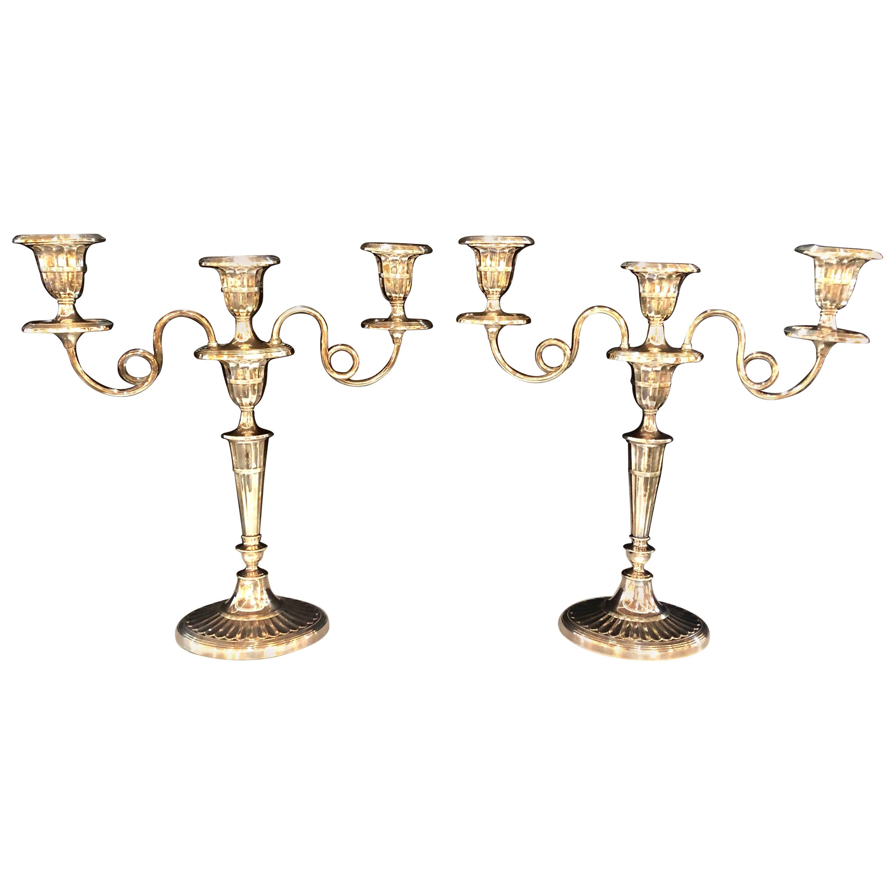 Fine Early Pair of Silver Plated Three-Arm Hallmarked Candelabra
