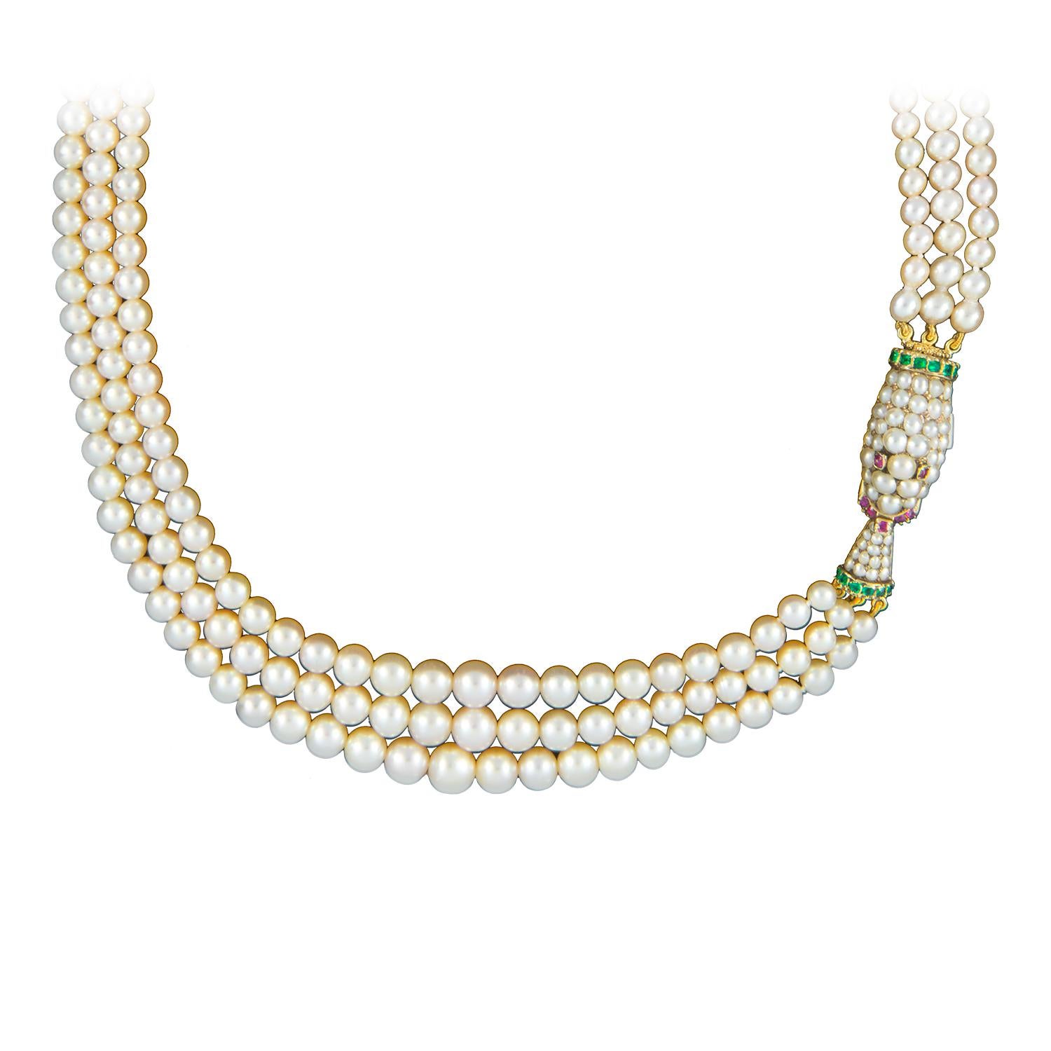 A Fine Victorian three-row natural pearl necklace, the 268 natural saltwater pearls accompanied by GCS Report 5777-8663, graduating from the centre with diameters from 3.0 to 6.9mm, strung to three graduating rows, to a snake head and tail clasp