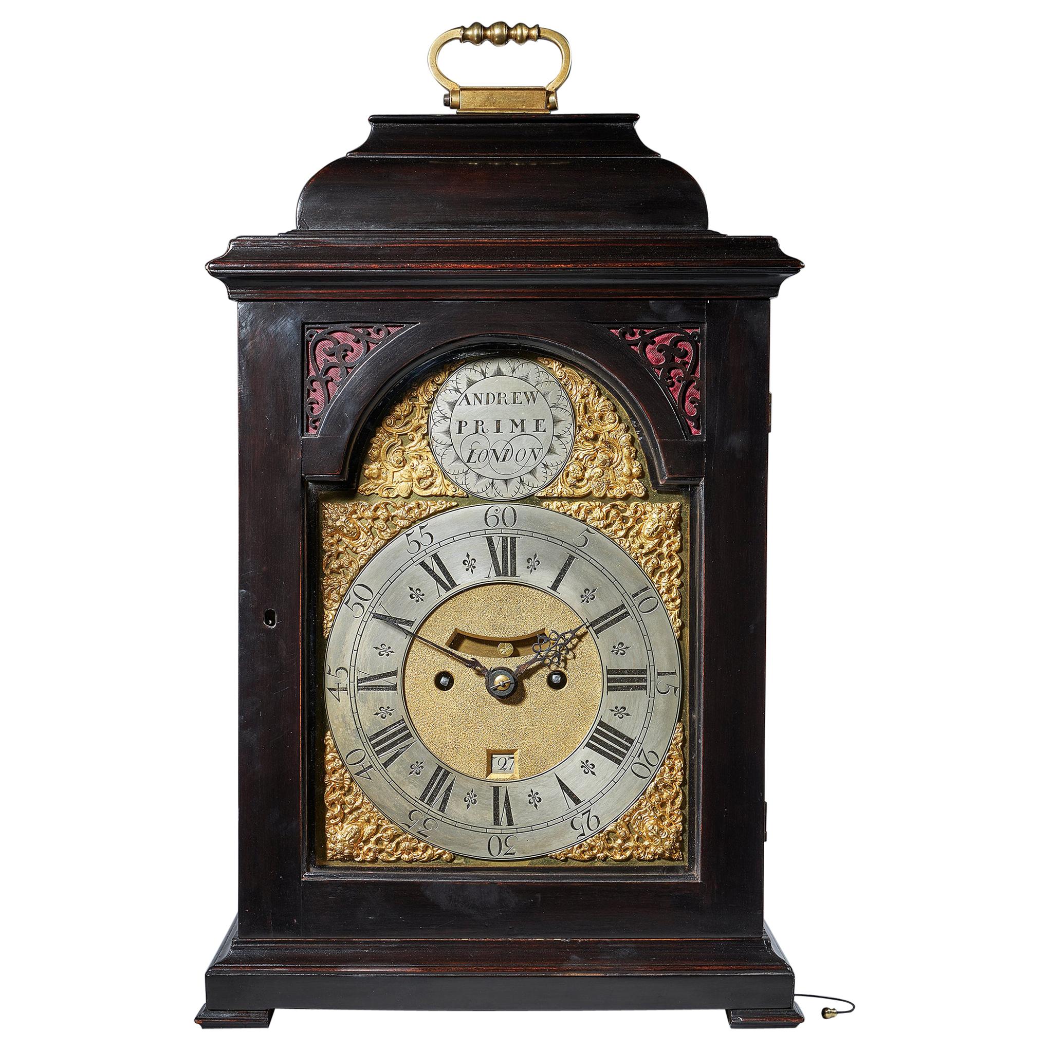 Fine Ebonized George II Eight Day Table Clock with Dutch Striking and Trip Rep For Sale