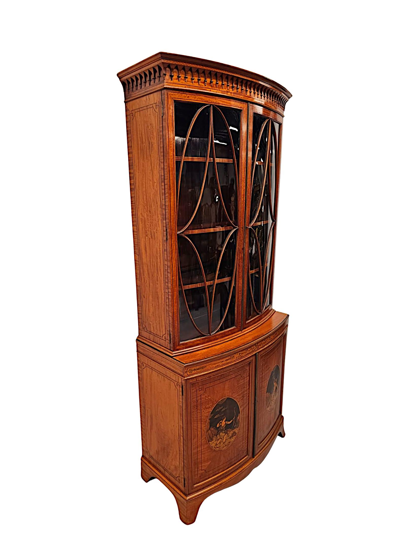 English A  Fine Edwardian Marquetry Inlaid Bowfronted Bookcase afterf Edward and Roberts For Sale
