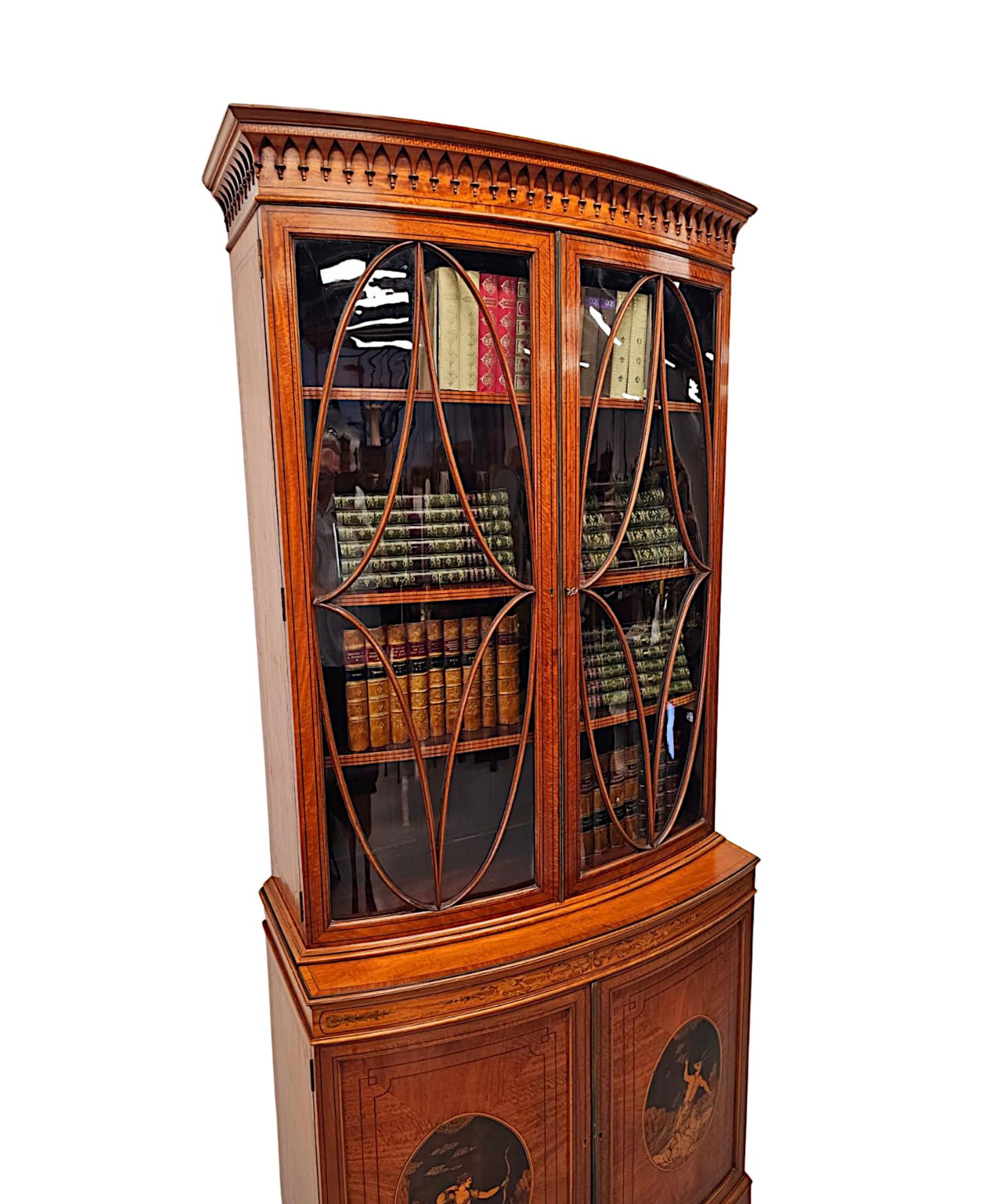 A  Fine Edwardian Marquetry Inlaid Bowfronted Bookcase afterf Edward and Roberts For Sale 2