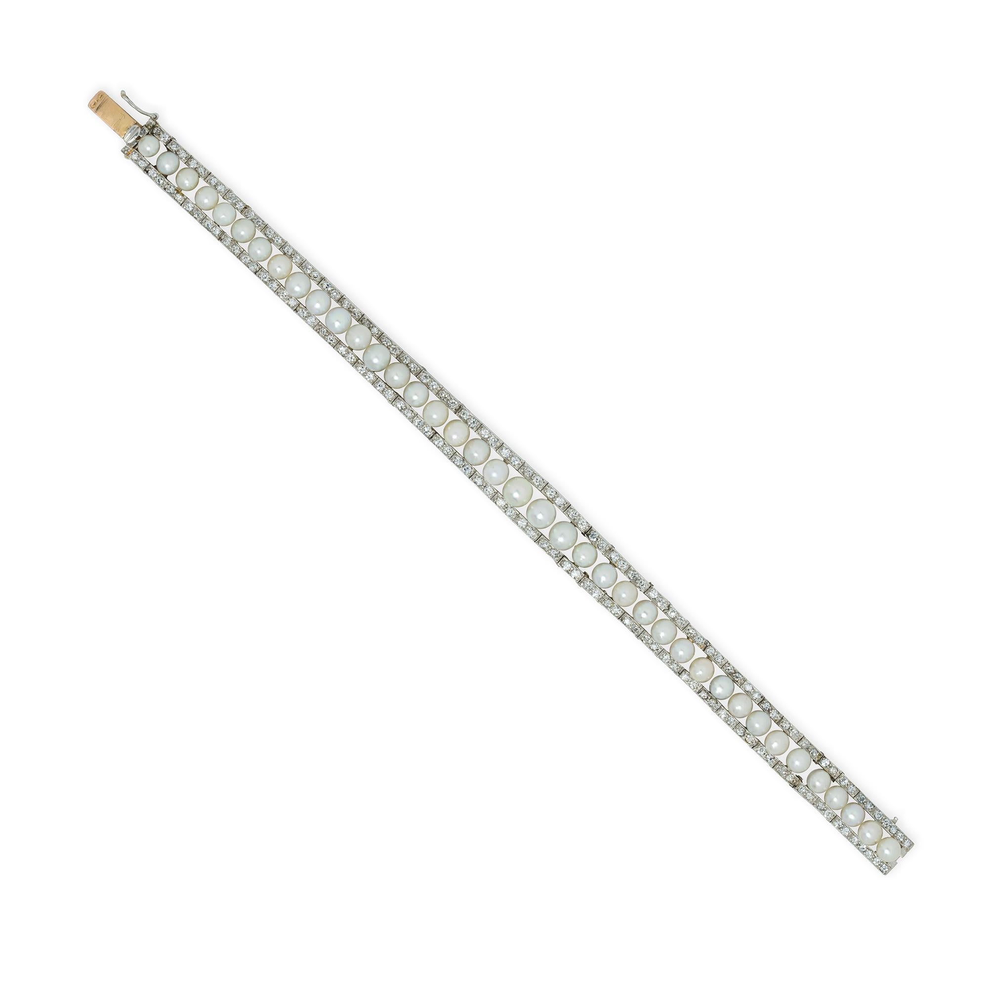 Taille ronde Bracelet édouardien en perles naturelles et diamants en vente