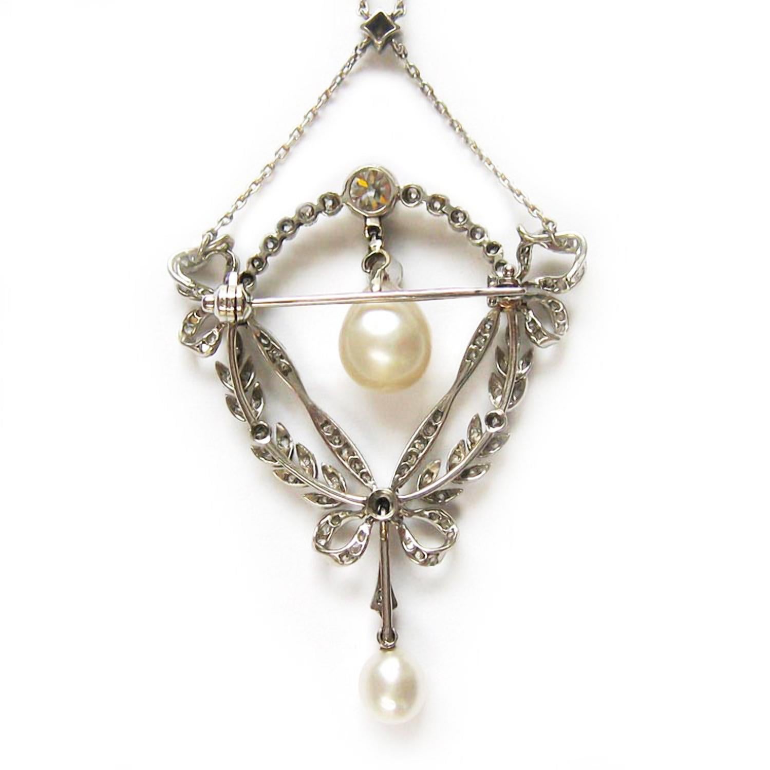 Brilliant Cut Fine Edwardian Natural Pearl and Diamond Necklace/ Brooch