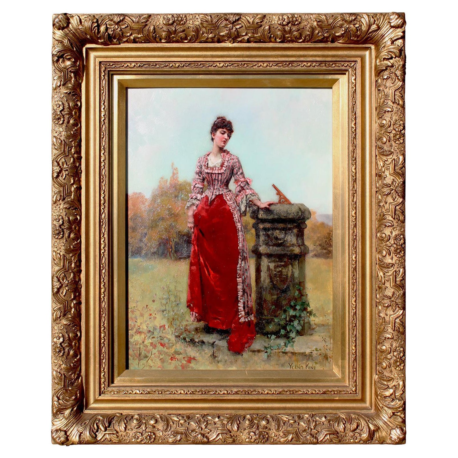 Ein schönes englisches Ölgemälde auf Holz mit dem Titel „Eine Dame, die neben einer Sonnenuhr im Park steht“ im Angebot