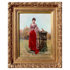 Une belle peinture à l'huile anglaise sur panneau intitulée « Une dame debout près d'un cadran solaire dans le parc »