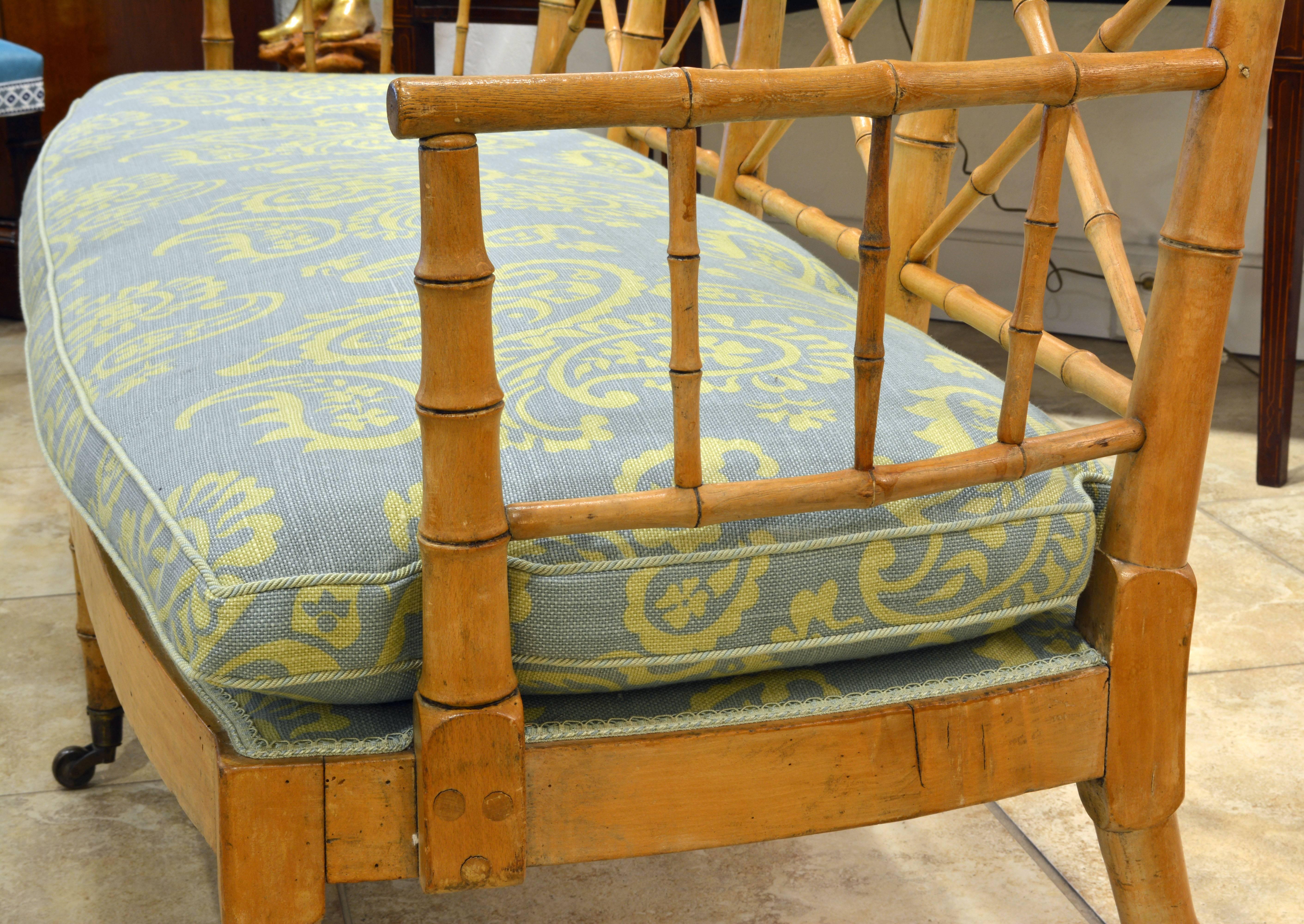 19th Century Fine English Regency Period Faux Bamboo Settee or Bench with Upholstered Seat