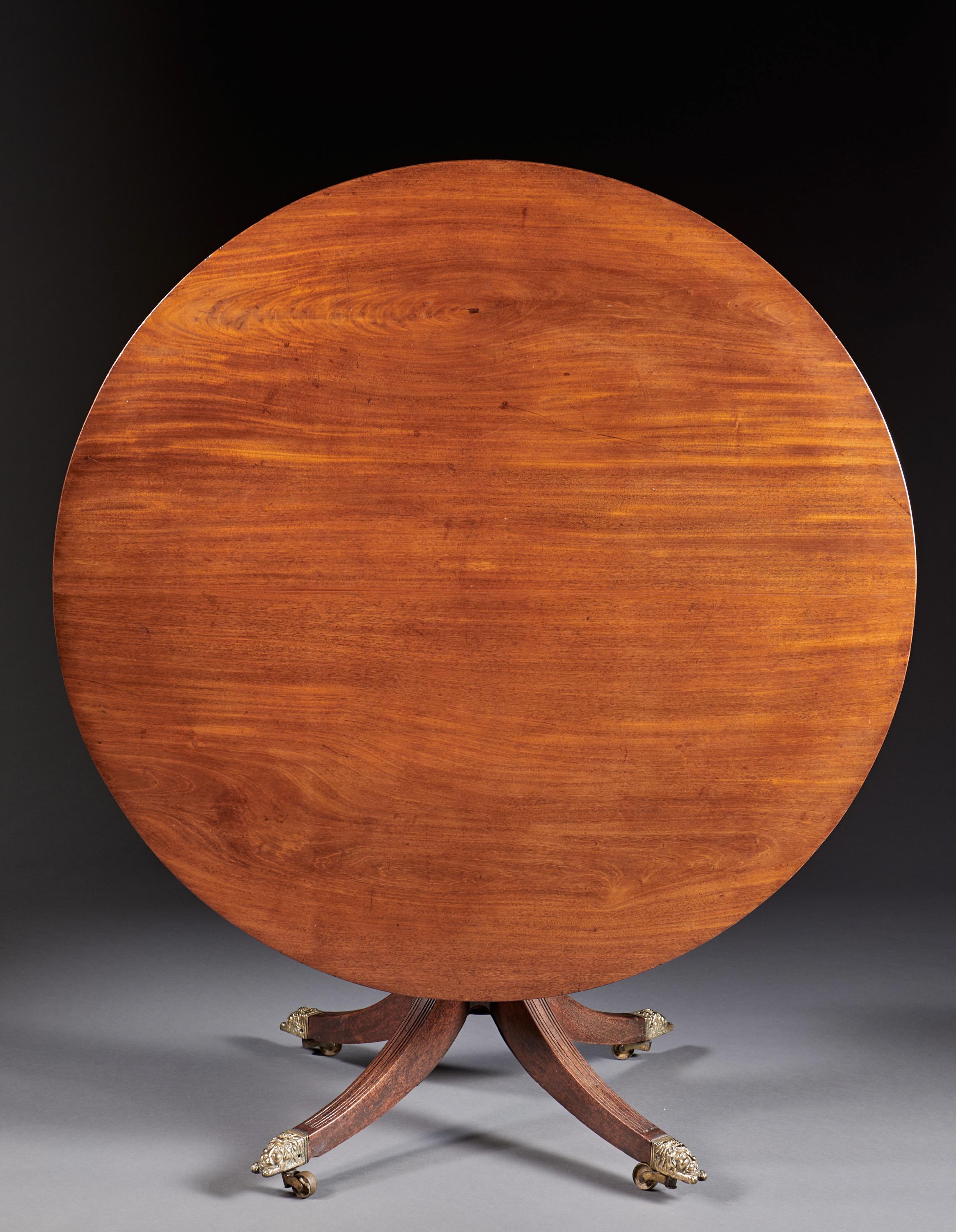 A fine English Sheraton period mahogany round breakfast table with tilting top and reeded edge. The figural top is raised on a turned pedestal with four downswept molded legs ending in dramatic recumbent lion castered feet. English, circa 1790.